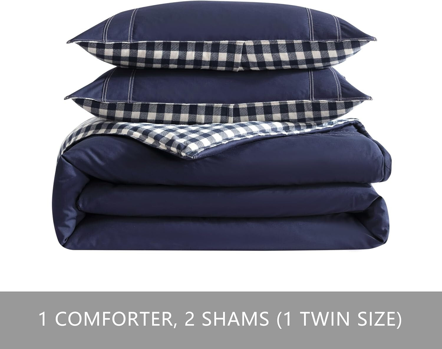 King Comforter Set - Reversible Cotton Bedding with Plaid Shams in Kingston Navy