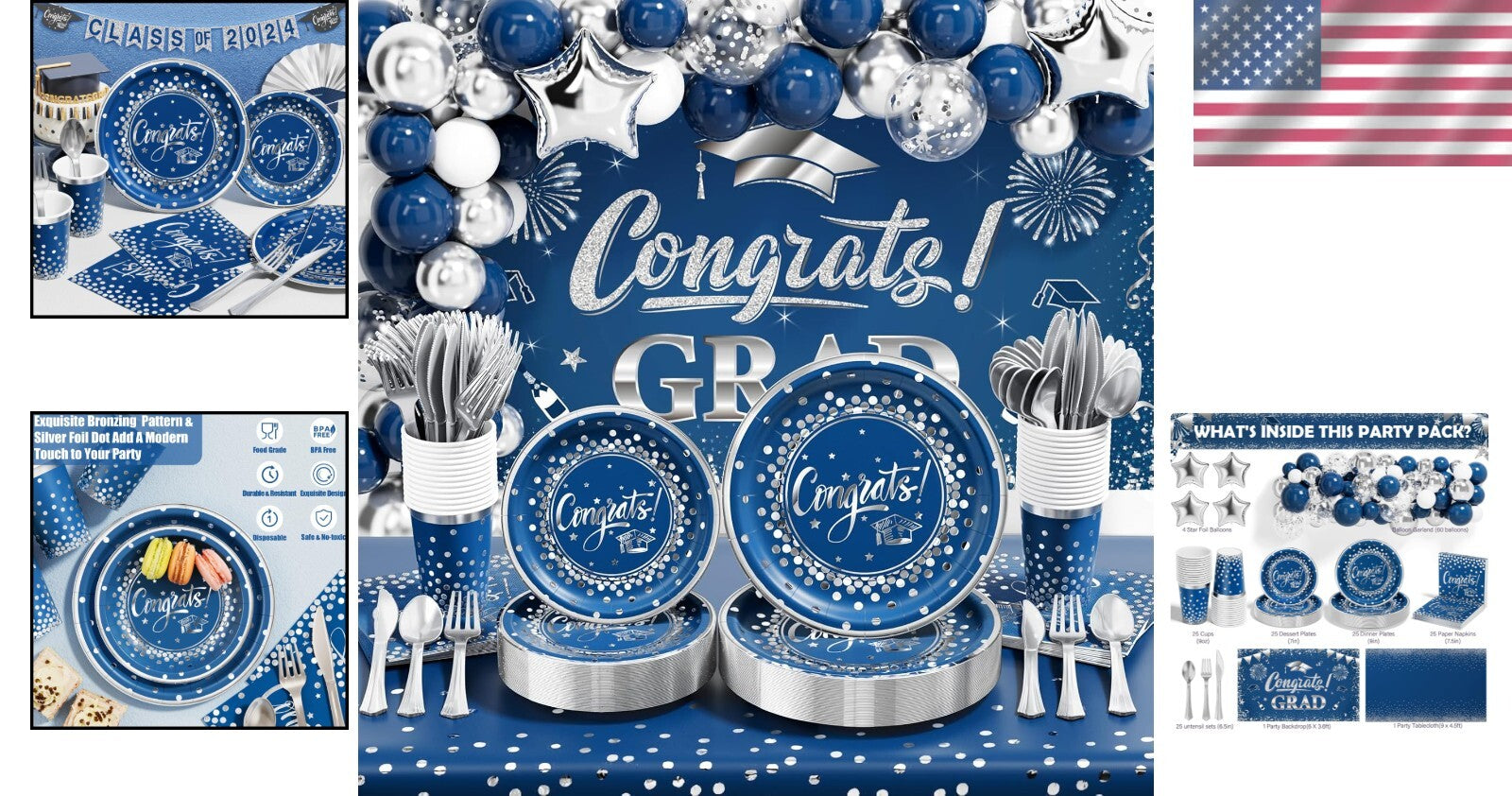 2025 Graduation Party Supplies Set - 245 PCS for 25 Guests - Navy Blue & Silver