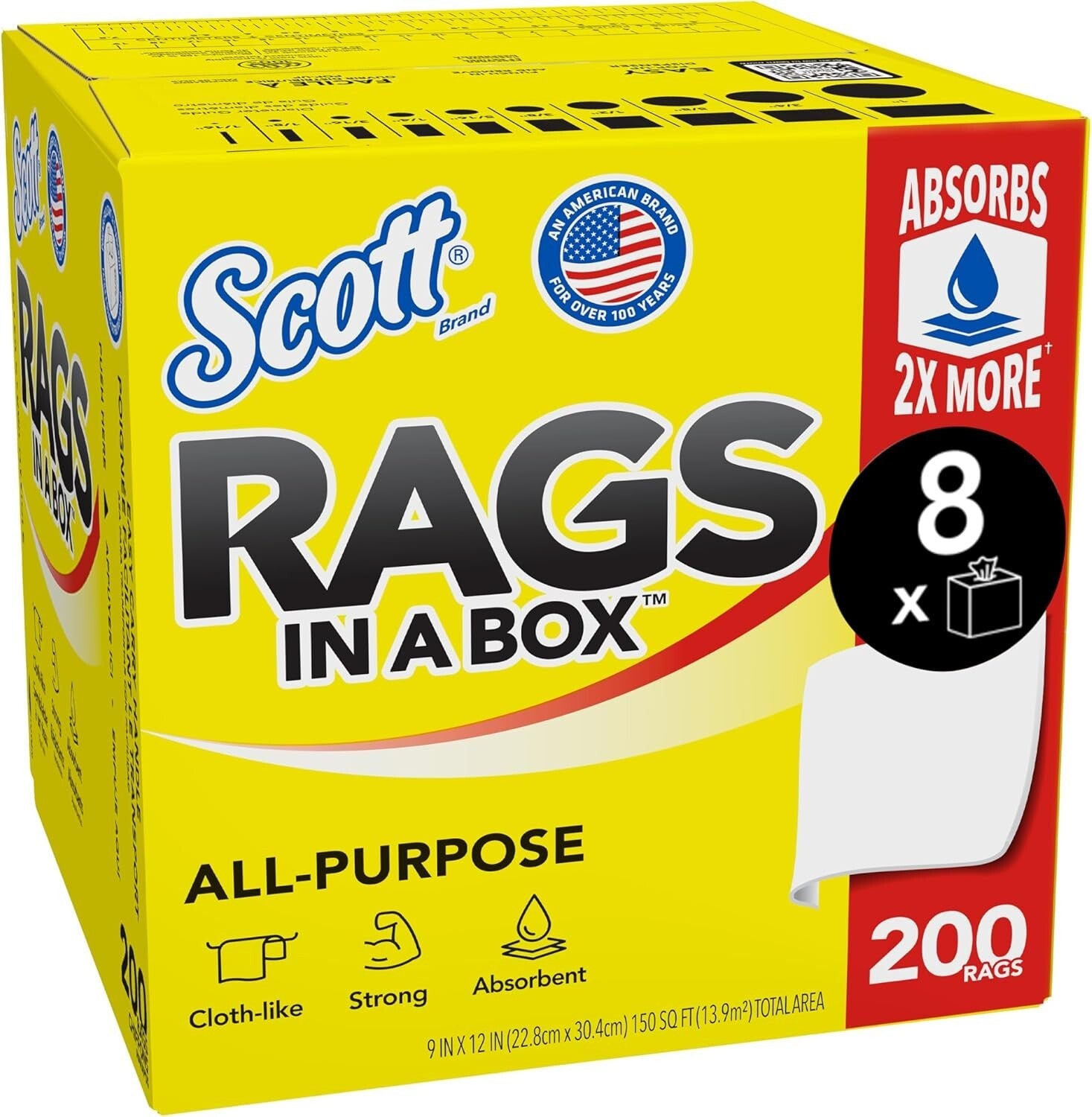 Large Scott Shop Towels, 9"x12", Absorbent 1-Ply Towels, 8 Boxes of 200 Sheets