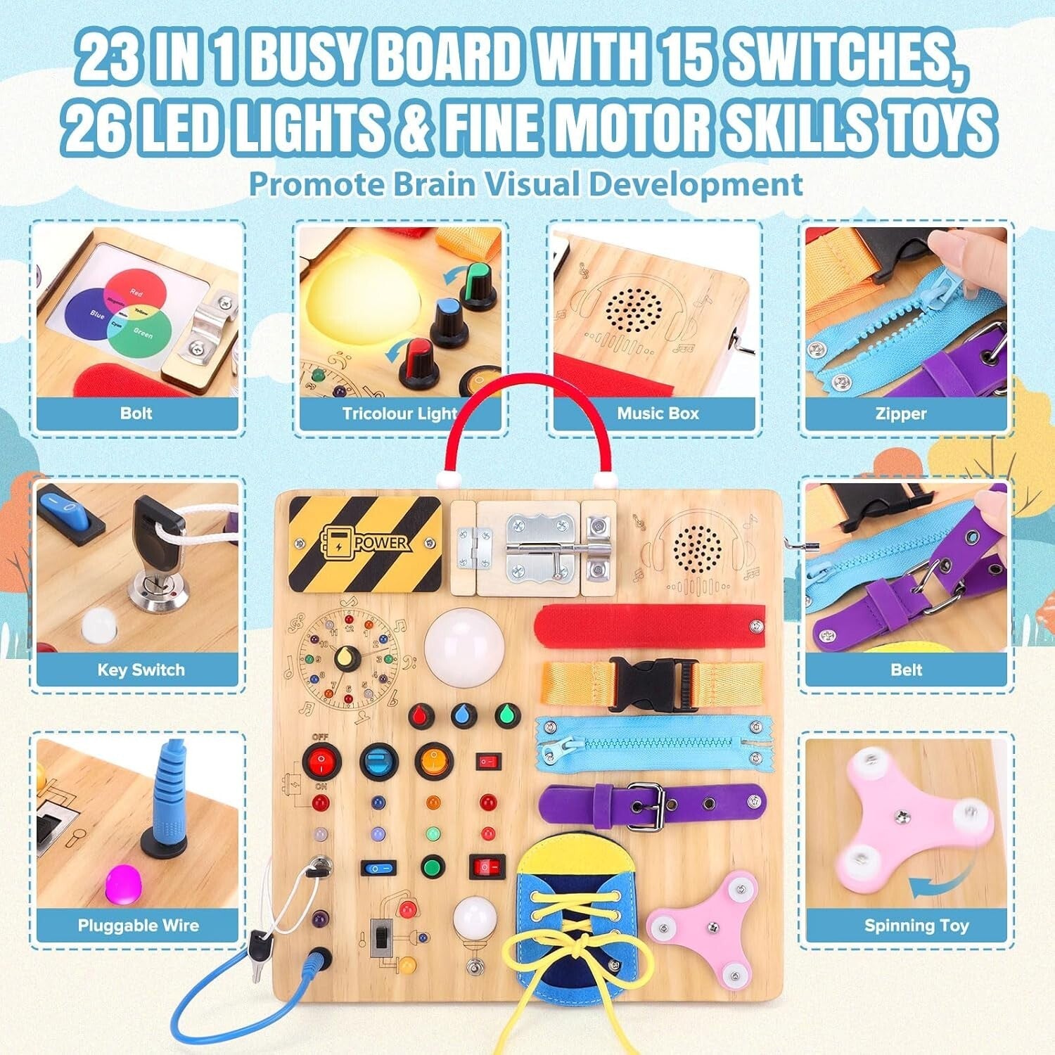 Travel-Friendly Montessori Busy Board with 15 Switches & 26 LED Lights for Kids