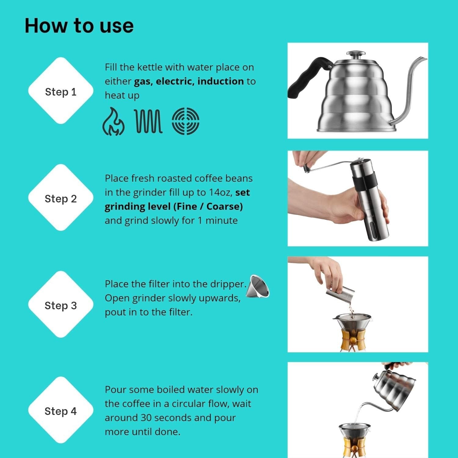 Elegant Coffee Set: Includes Gooseneck Kettle, Grinder & Dripper for Home Use