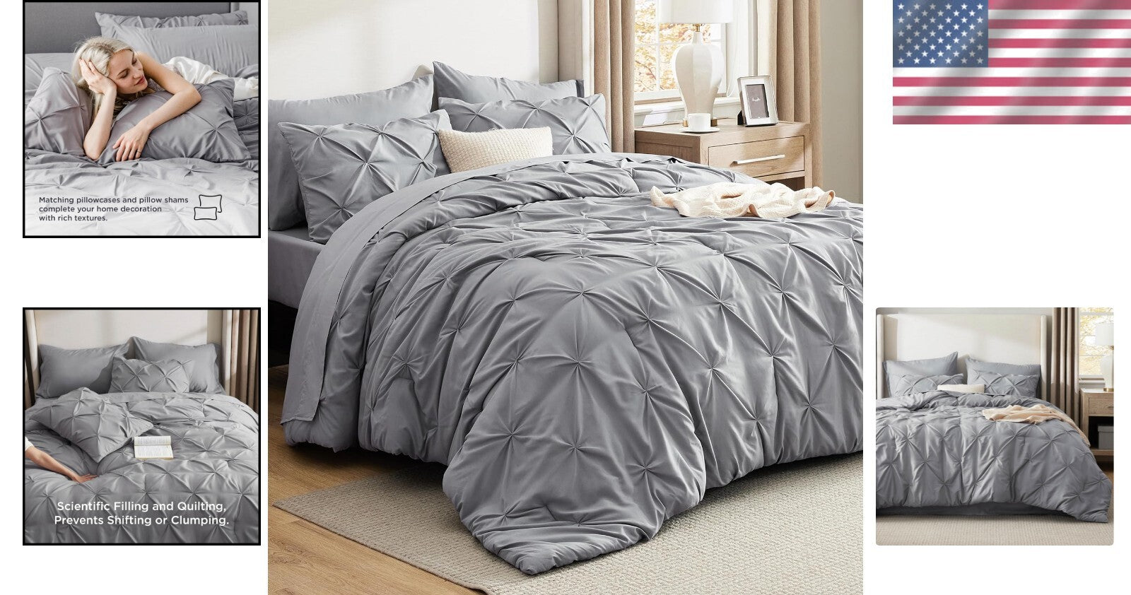 Elegant King Size Comforter Set - 7 Piece Pintuck Grey Bedding Essentials