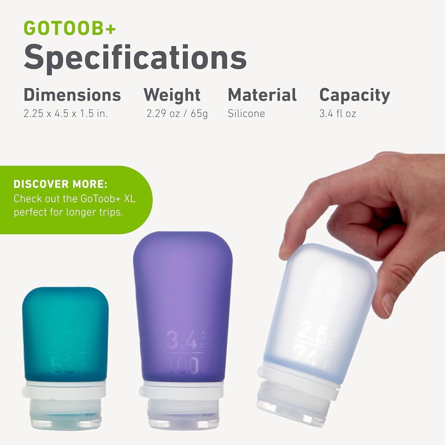 Large 3.4 oz GoToob+ Refillable Silicone Travel Bottles - Eco-Friendly Design