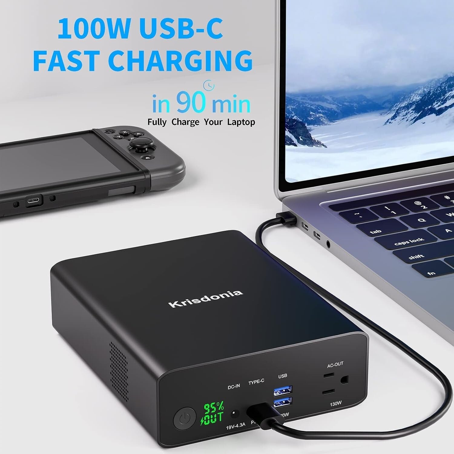 80000mAh Portable Power Bank with 130W AC Outlet - 100W USB-C Fast Charging