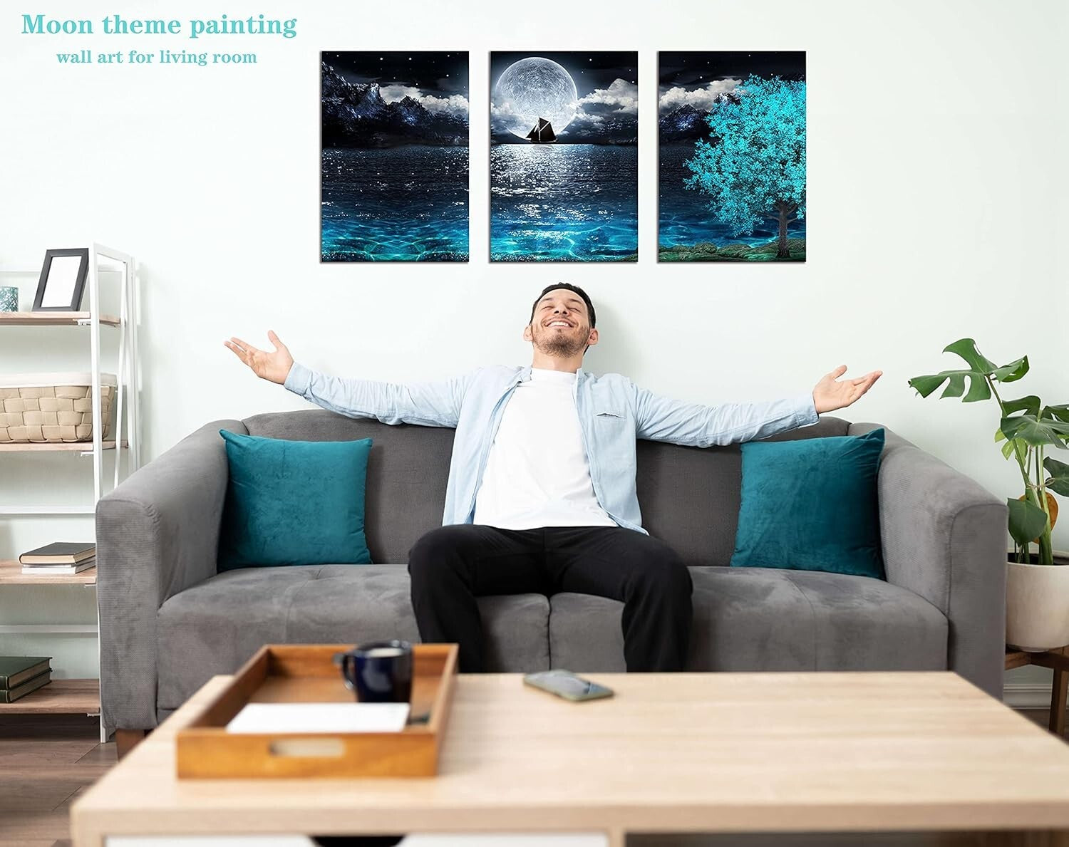 Elegant Teal Moon Wall Art Set - 3 Pieces Canvas for Living Room & Bedroom