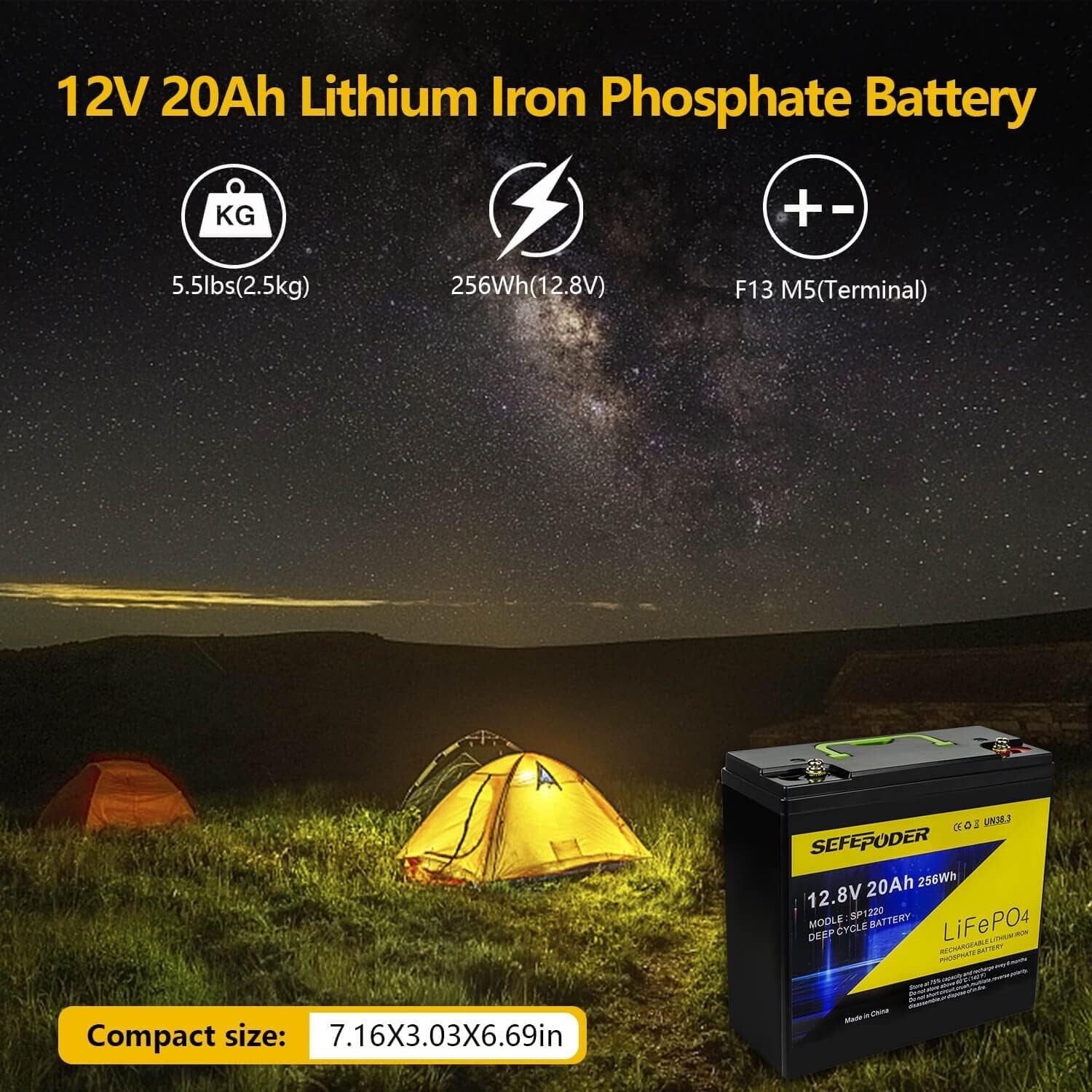 Compact 12V 20Ah LiFePO4 Lithium Battery - Reliable Power for Fish Finders & RVs