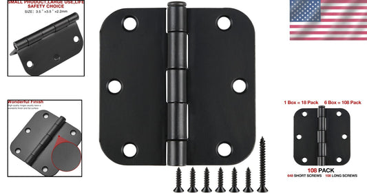 Bulk 108 Pack Matte Black Rounded Door Hinges 3.5 Inch with Installation Screws