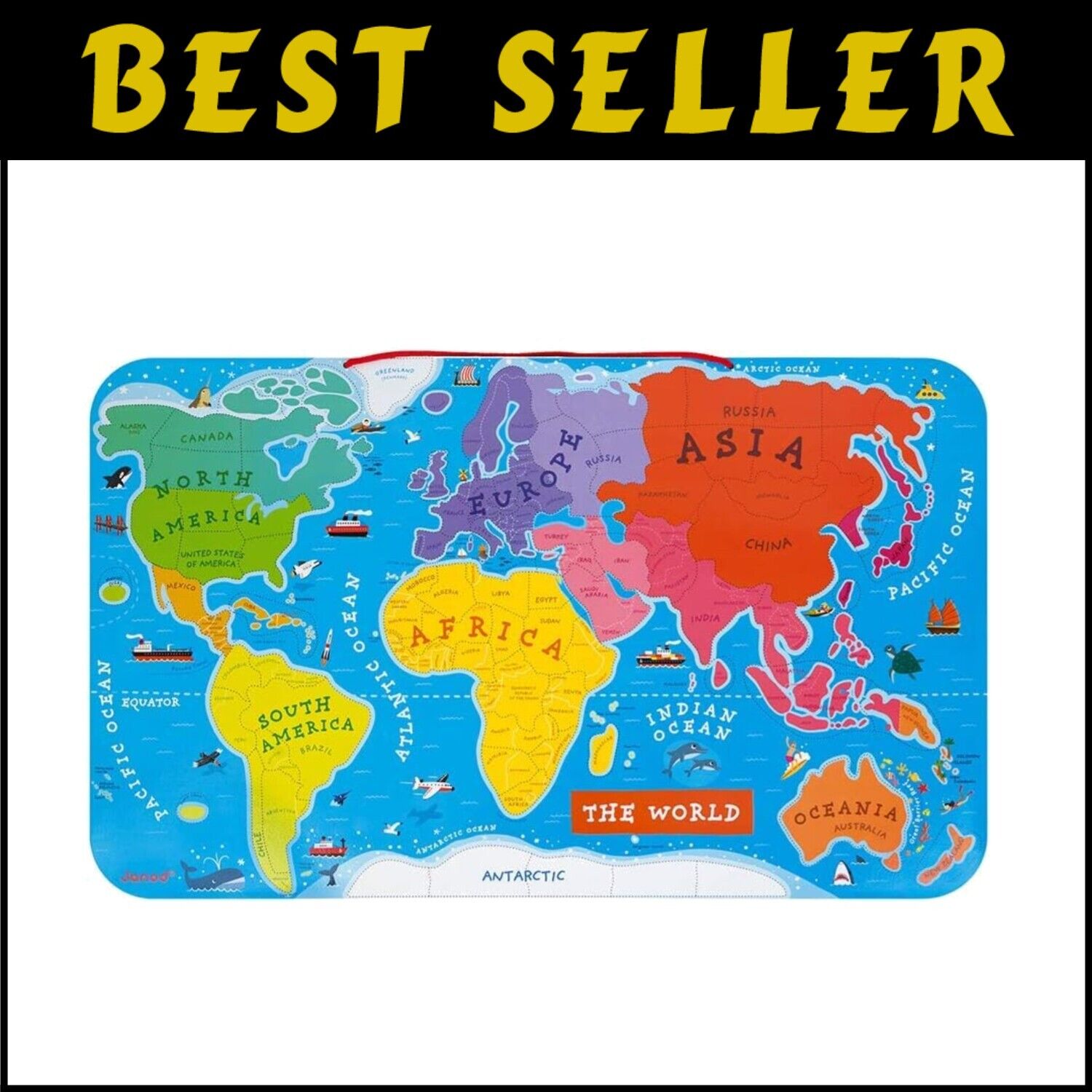 Educational Wooden Magnetic World Puzzle - 92 Pieces with Illustrated Countries
