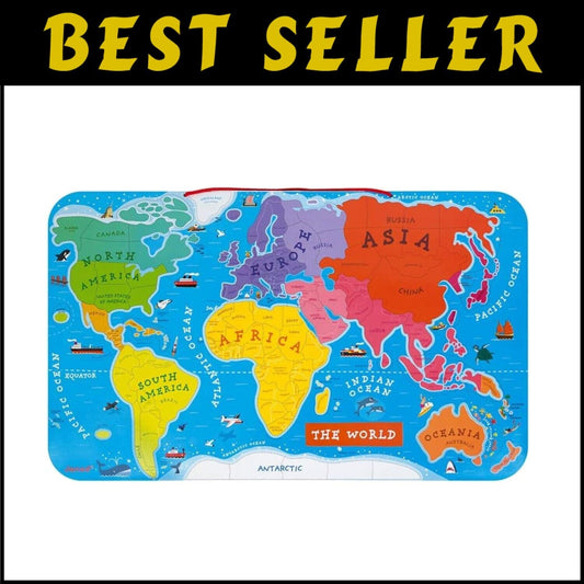 Educational Wooden Magnetic World Puzzle - 92 Pieces with Illustrated Countries