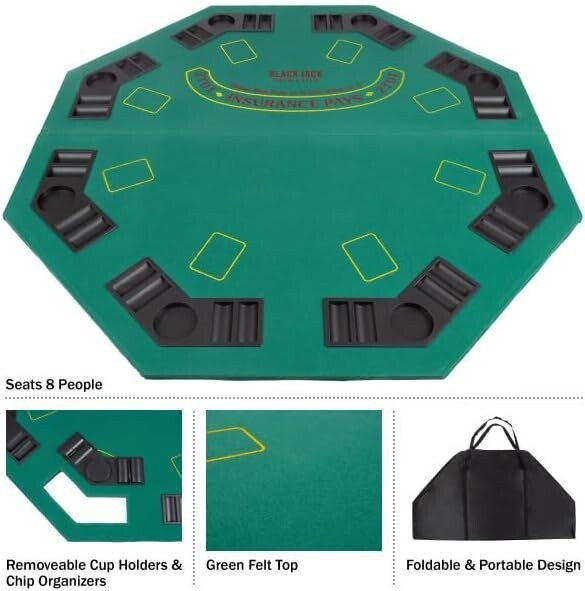 Portable 48-Inch Poker Topper - Solid Wood with Built-In Chip Trays & Cupholders