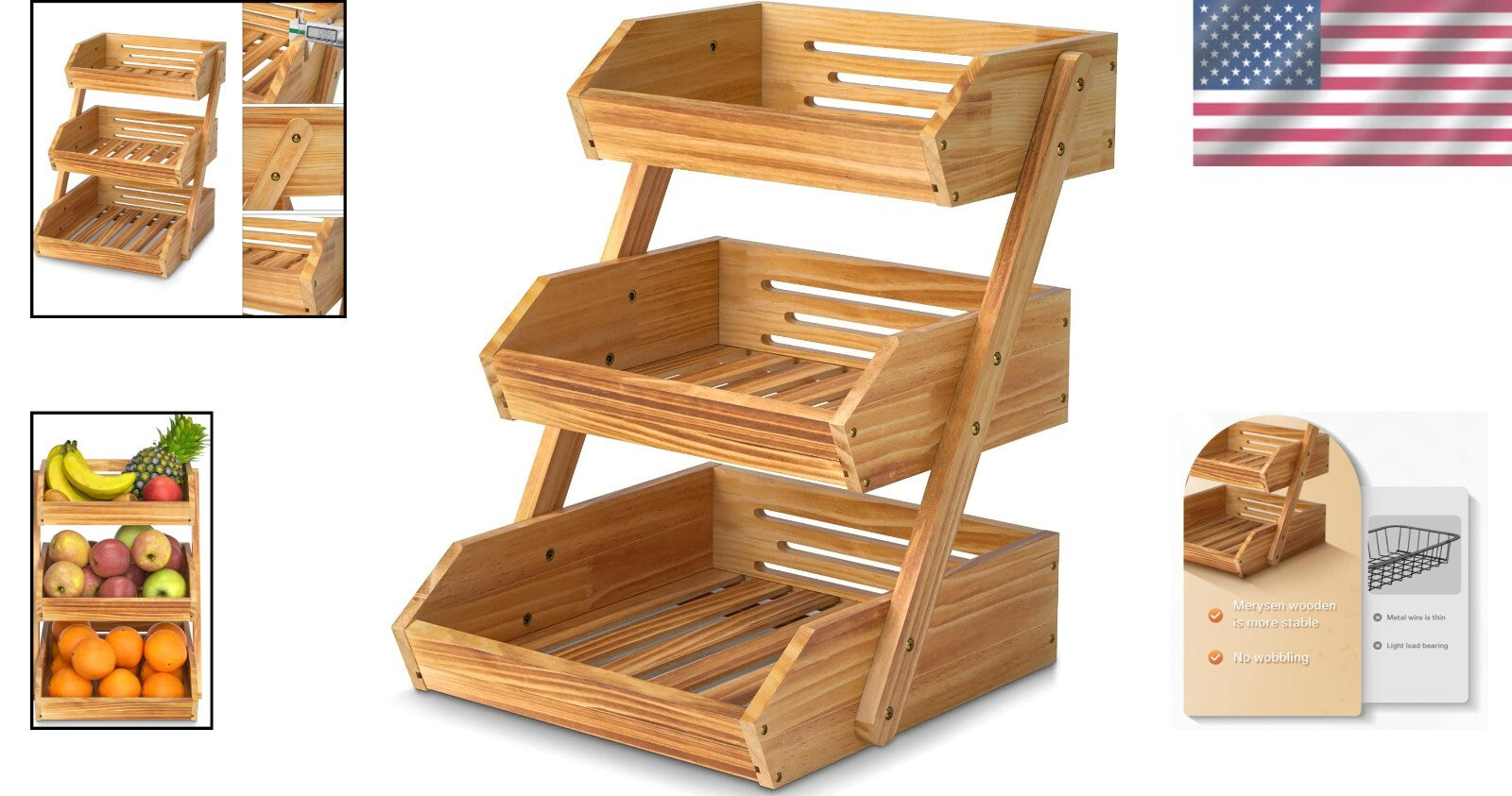 Ample Space 3 Tier Kitchen Fruit and Vegetable Storage Basket in Rustic Brown