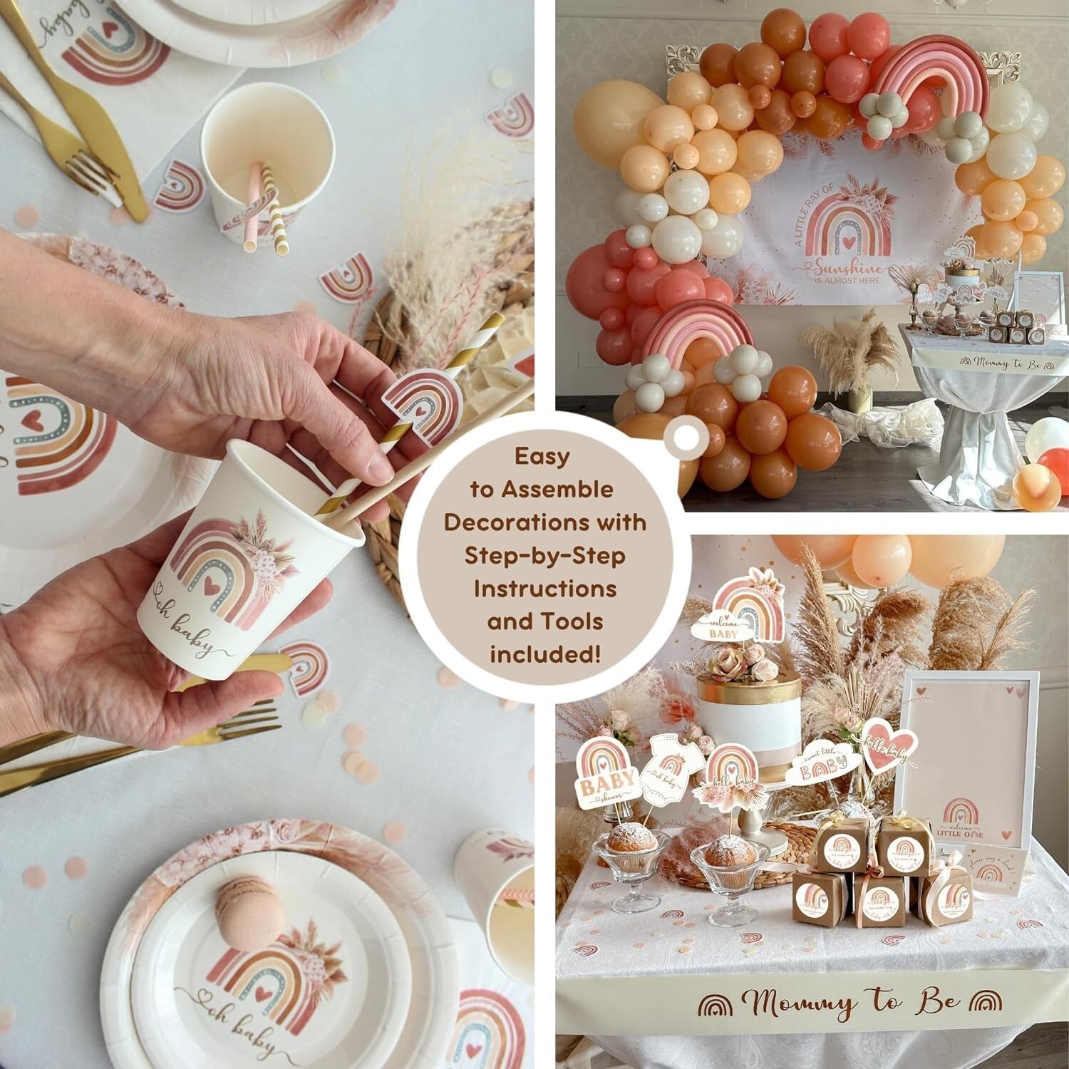 Elegant Boho Baby Shower Decorations - Complete Kit with Backdrop & Tableware