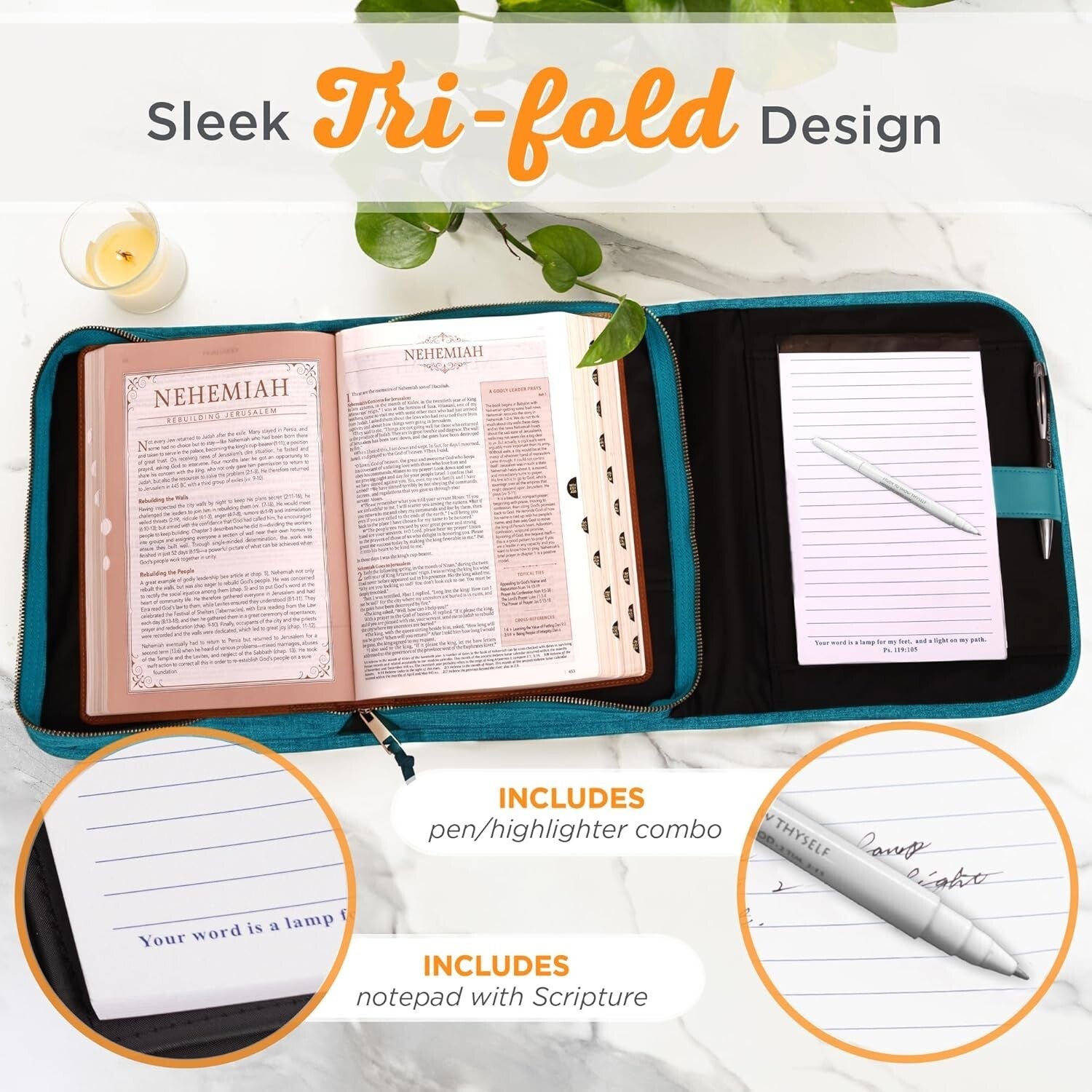 Protective Teal Floral Bible Cover with Zipper and Notepad for Organized Faith