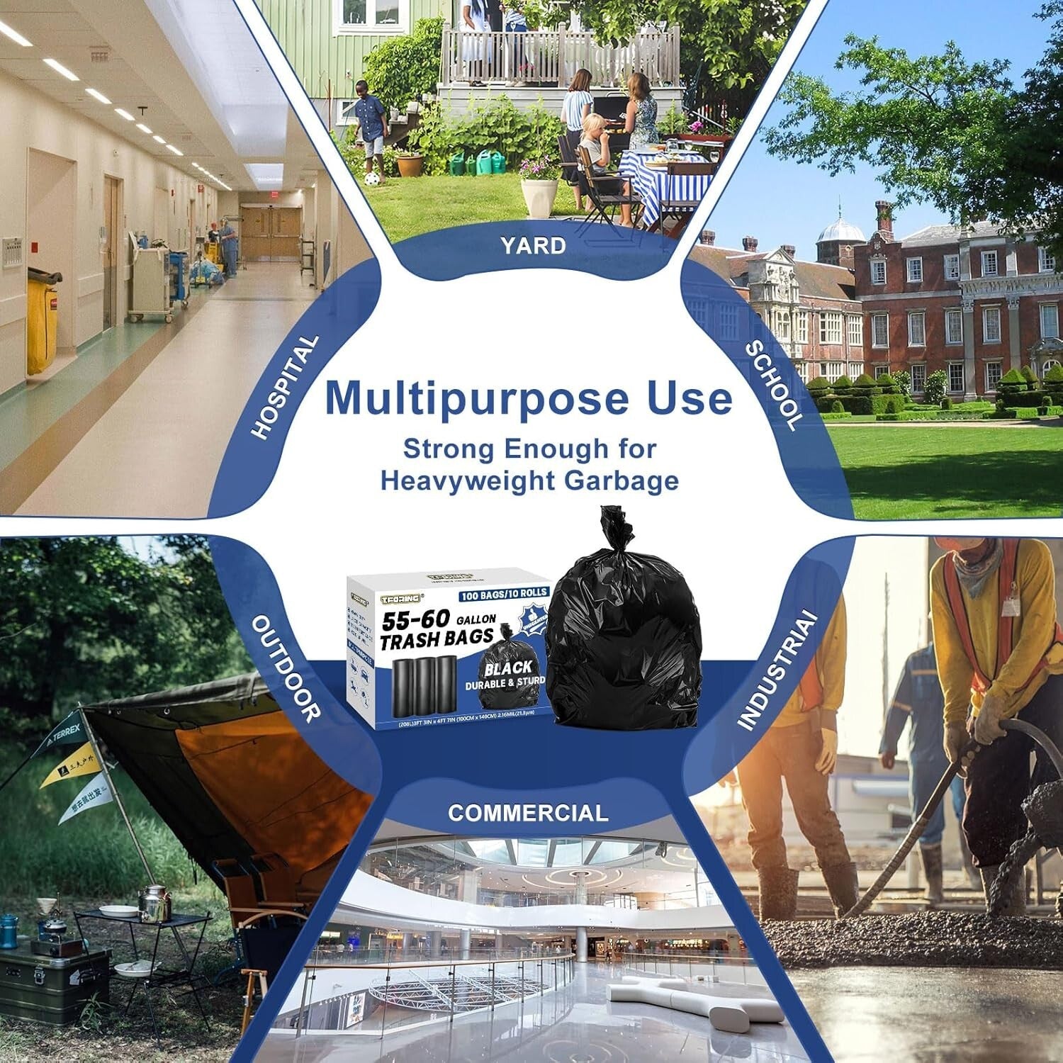 100 Heavy-Duty Unscented Trash Bags - 55-60 Gallon Waterproof Can Liners - Black