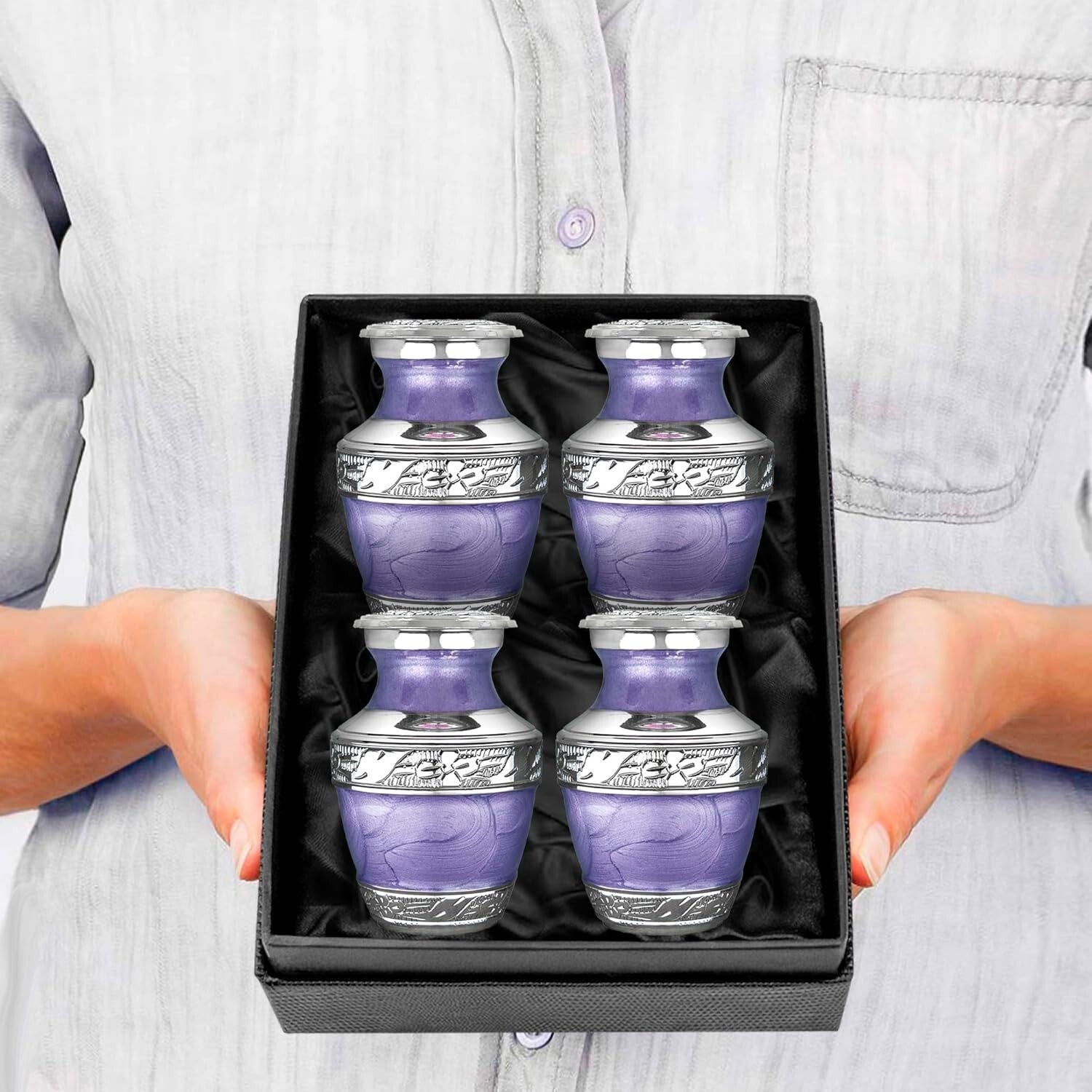 Mini Cremation Urns for Adults - Polished Purple Brass with Velvet Packaging