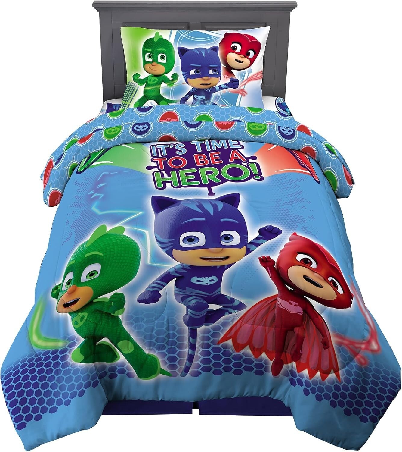 Twin Size PJ Masks Reversible Comforter and Sheet Set - 4 Piece Adventure Set
