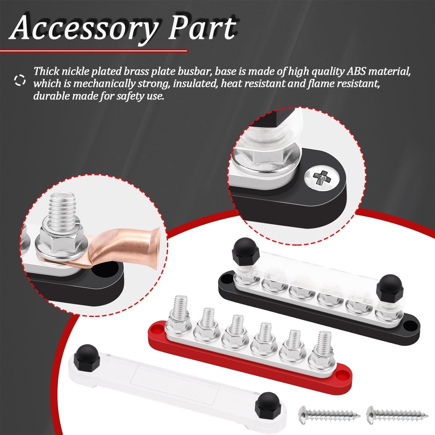 12V-48V Bus Bar with 6 M10 Terminal Studs - Includes Battery lugs & Heat Shrink