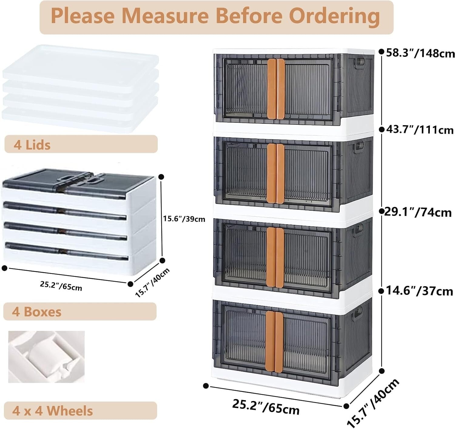 400Qt (4x100Qt) Stackable Plastic Storage Bins with Wheels for Easy Access