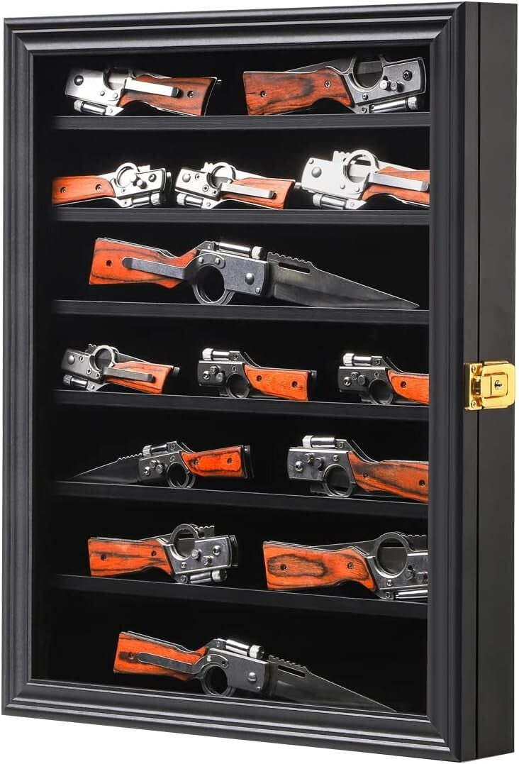 UV-Protected Knife Shadow Box Cabinet with Anti-Theft Features - Black Wood