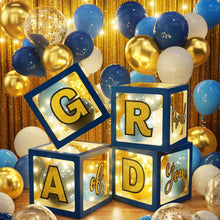 Load image into Gallery viewer, Blue Gold Graduation Party Essentials - 86 PCS LED Lights, Balloons &amp; Backdrop