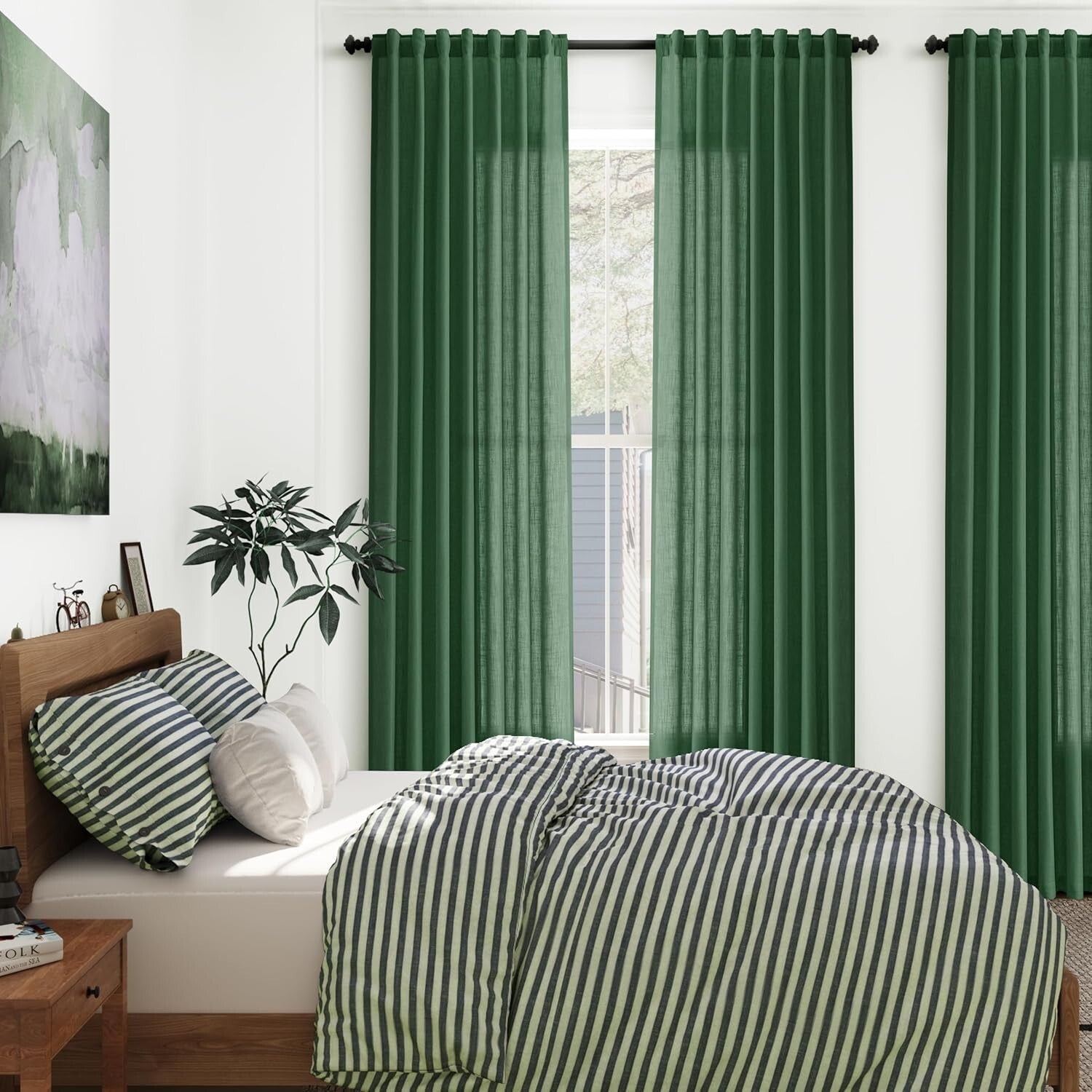 Charming 84" Back Tab Green Linen Curtains - 2 Panels for Modern Farmhouse Decor