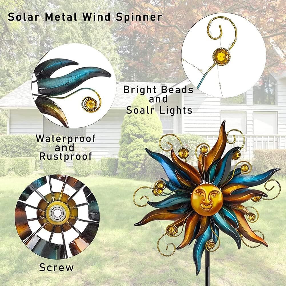 Unique Face Design Solar Garden Wind Spinner with LED Lights - Easy Installation