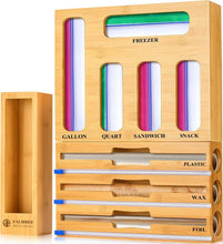 Load image into Gallery viewer, Natural Bamboo Kitchen Storage Organizer for Bags, Wraps &amp; Dispenser with Cutter