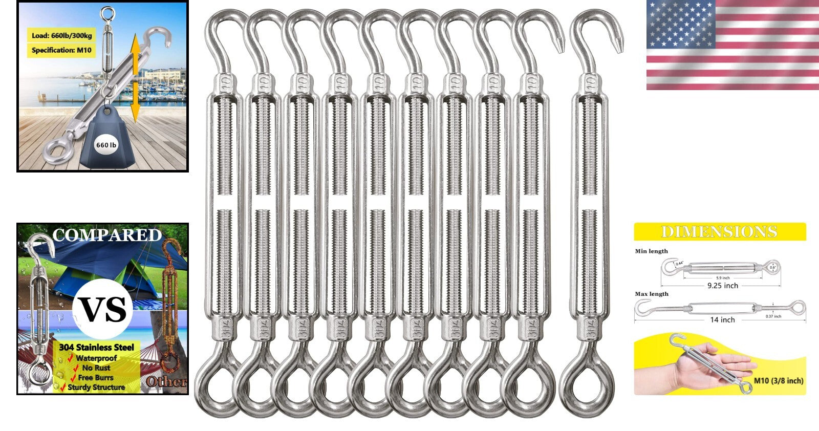 Durable 304 Stainless Steel Turnbuckles M10 - Heavy Duty Tensioners for Cables