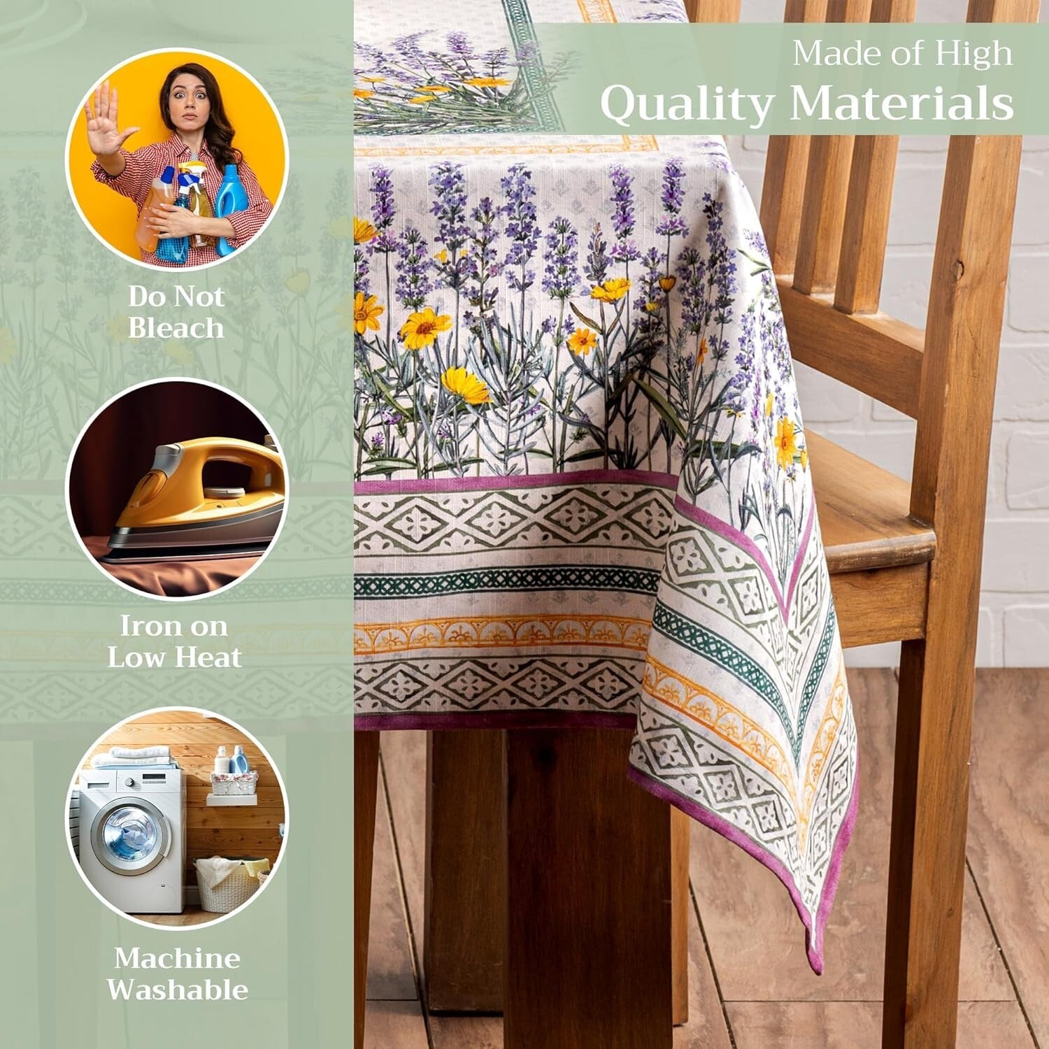 Durable Rectangular Tablecloth - Fanny Lavender 100% Cotton, Easy-Care 60" x 90"