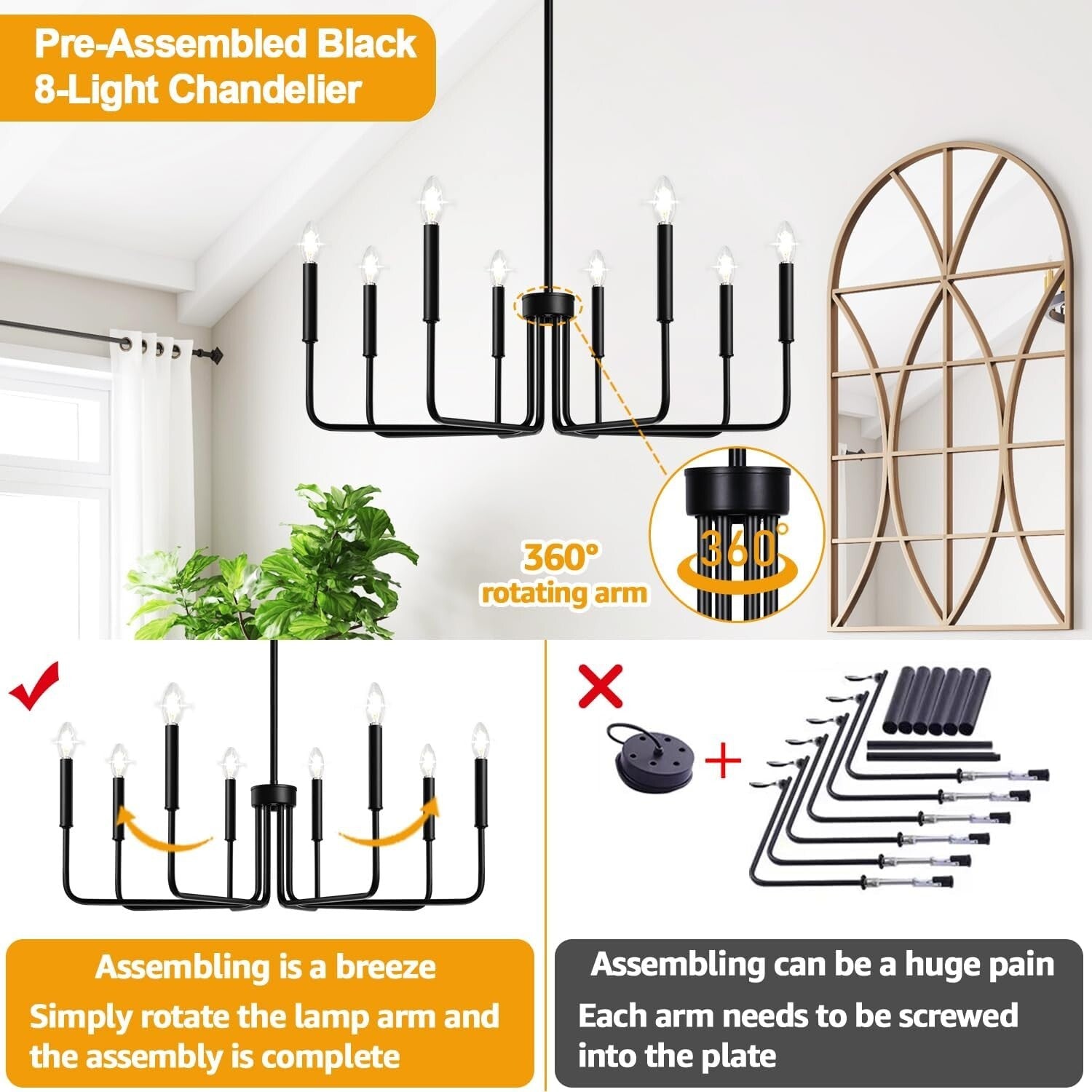 Elegant 8-Light Black Chandelier - Ideal for Foyer, Entryway, and Dining Areas