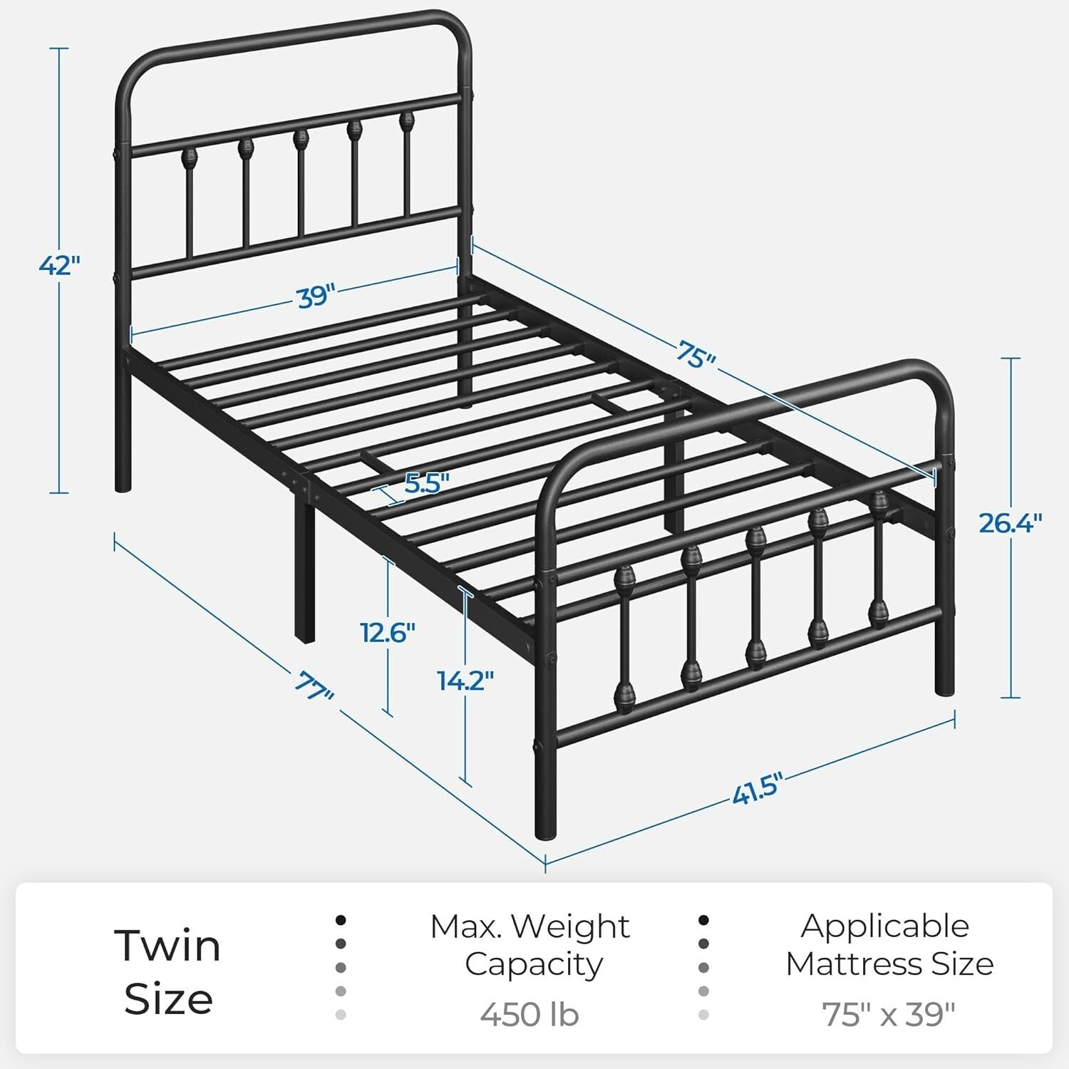 Twin Iron Metal Bed Frame with Victorian Style and Under-Bed Storage - Black
