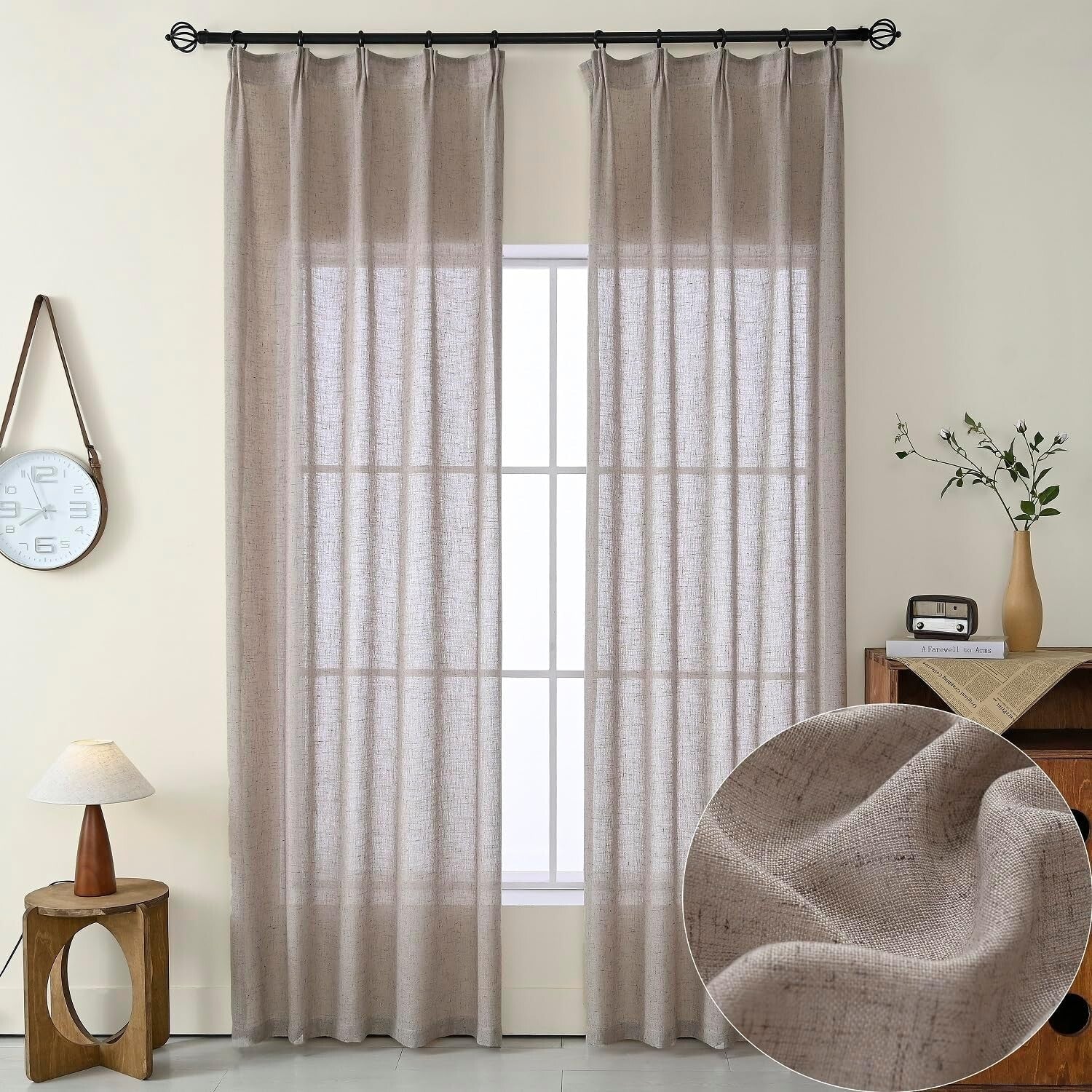 102-Inch Dark Taupe Faux Linen Custom Curtains - Rustic Sheer Drapes, 2 Panels