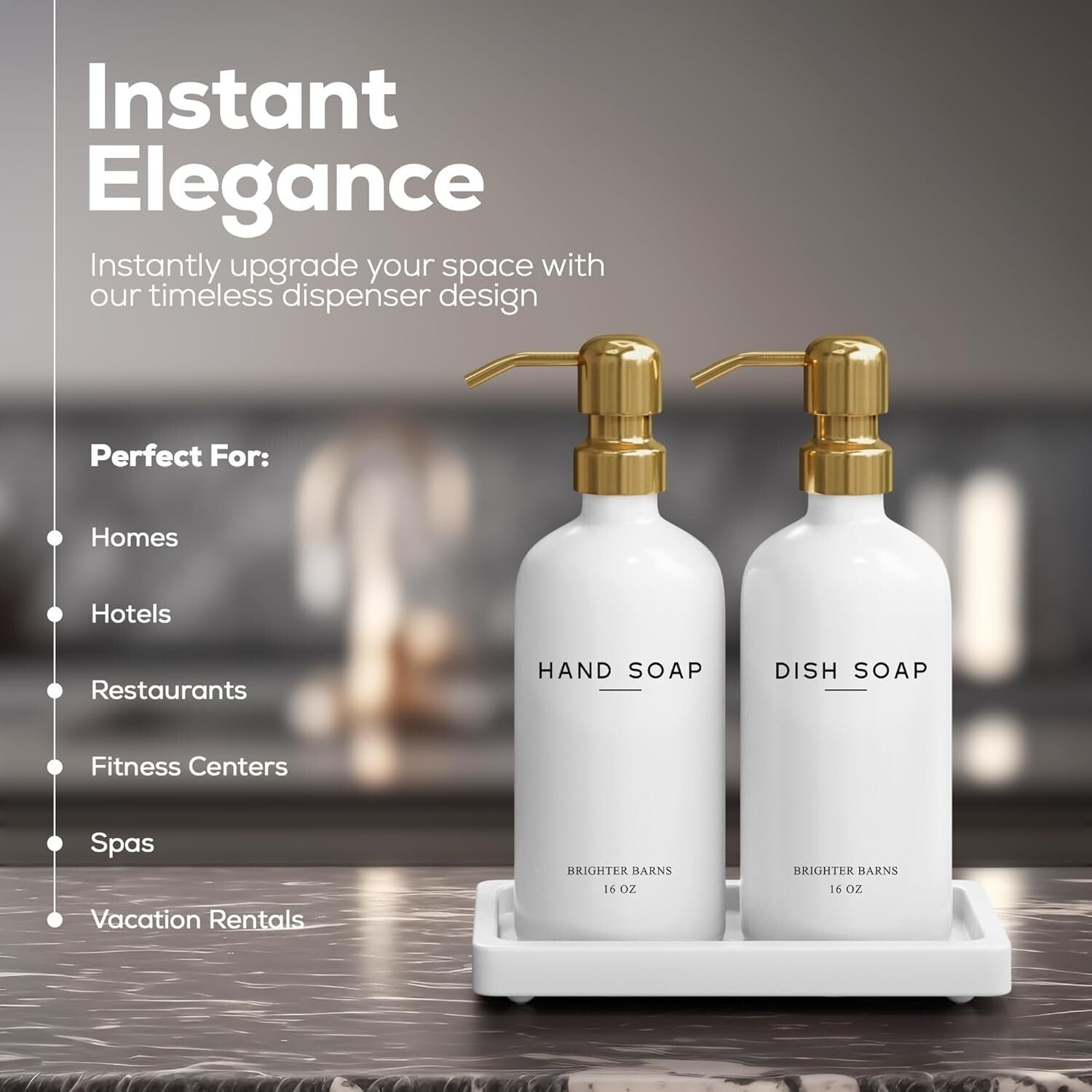 Elegant Modern Gold and Glass Kitchen Soap Dispenser Set with Tray - 3 Pieces