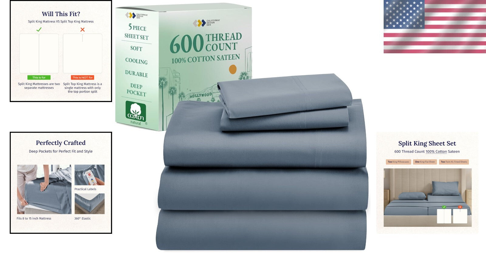 Breathable & Durable Split King Sheet Set - 100% Cotton for Adjustable Beds