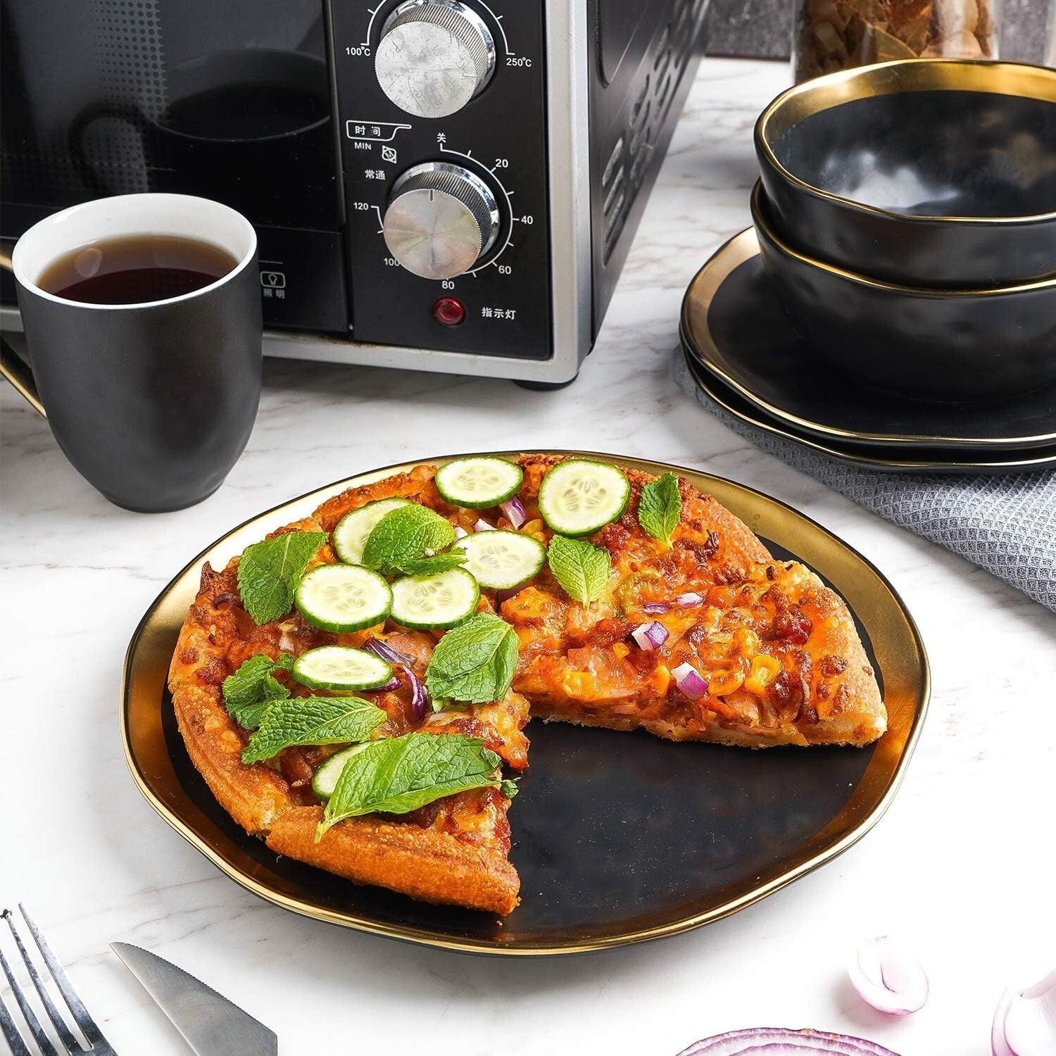 Sophisticated Gold-Accented Black Porcelain Dish Set, Service for 8 - Florian