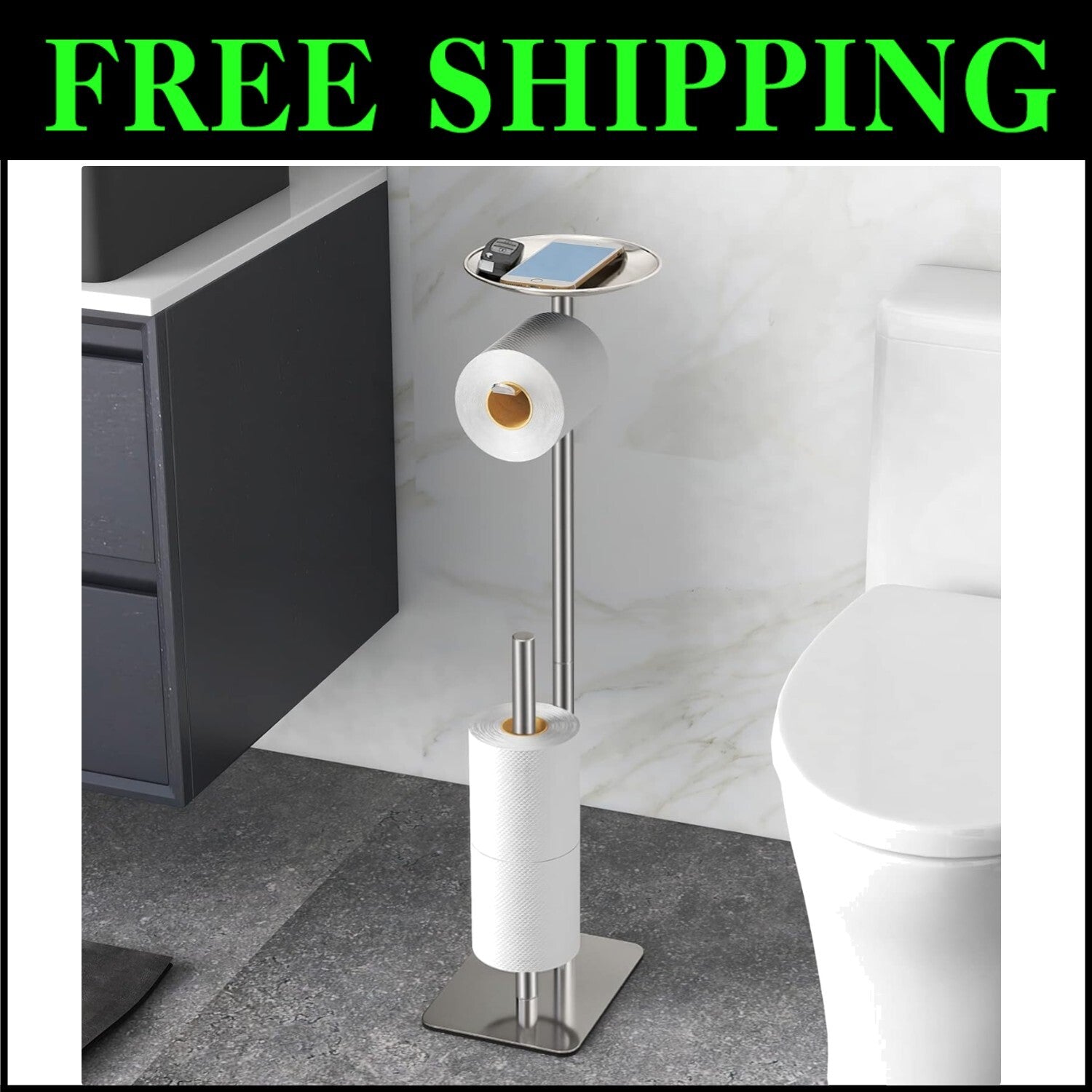 Stylish Free Standing Toilet Paper Holder Stand with 4 Roll Capacity in Brush...