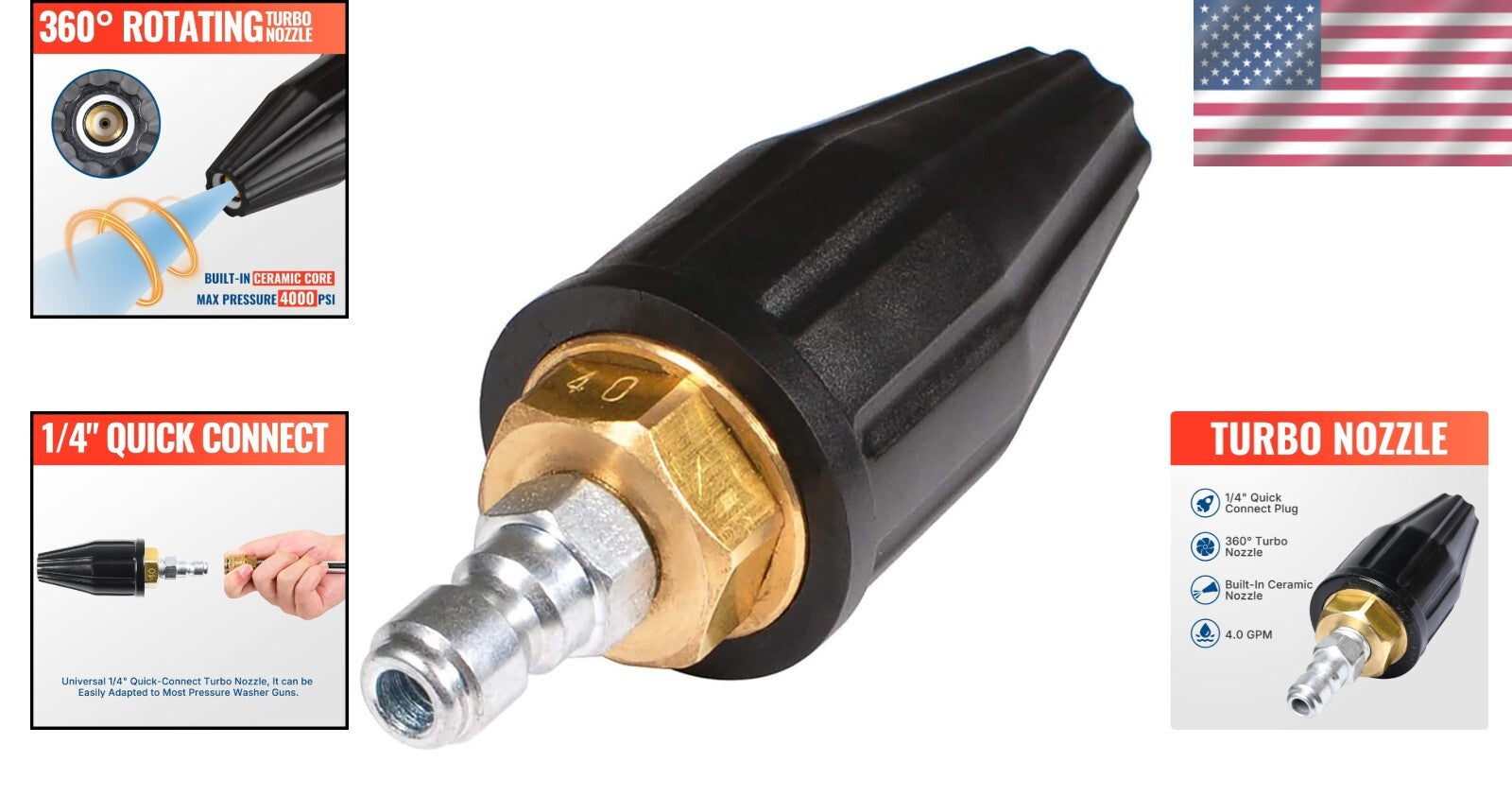 Turbo Nozzle 4000 PSI Max - 360° Rotating Tips for Powerful Pressure Washing