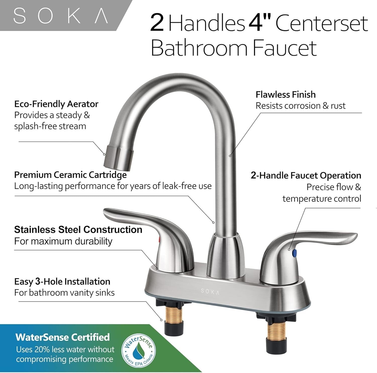 Premium Stainless Steel Centerset Faucet - Dual Lever Handles for Control
