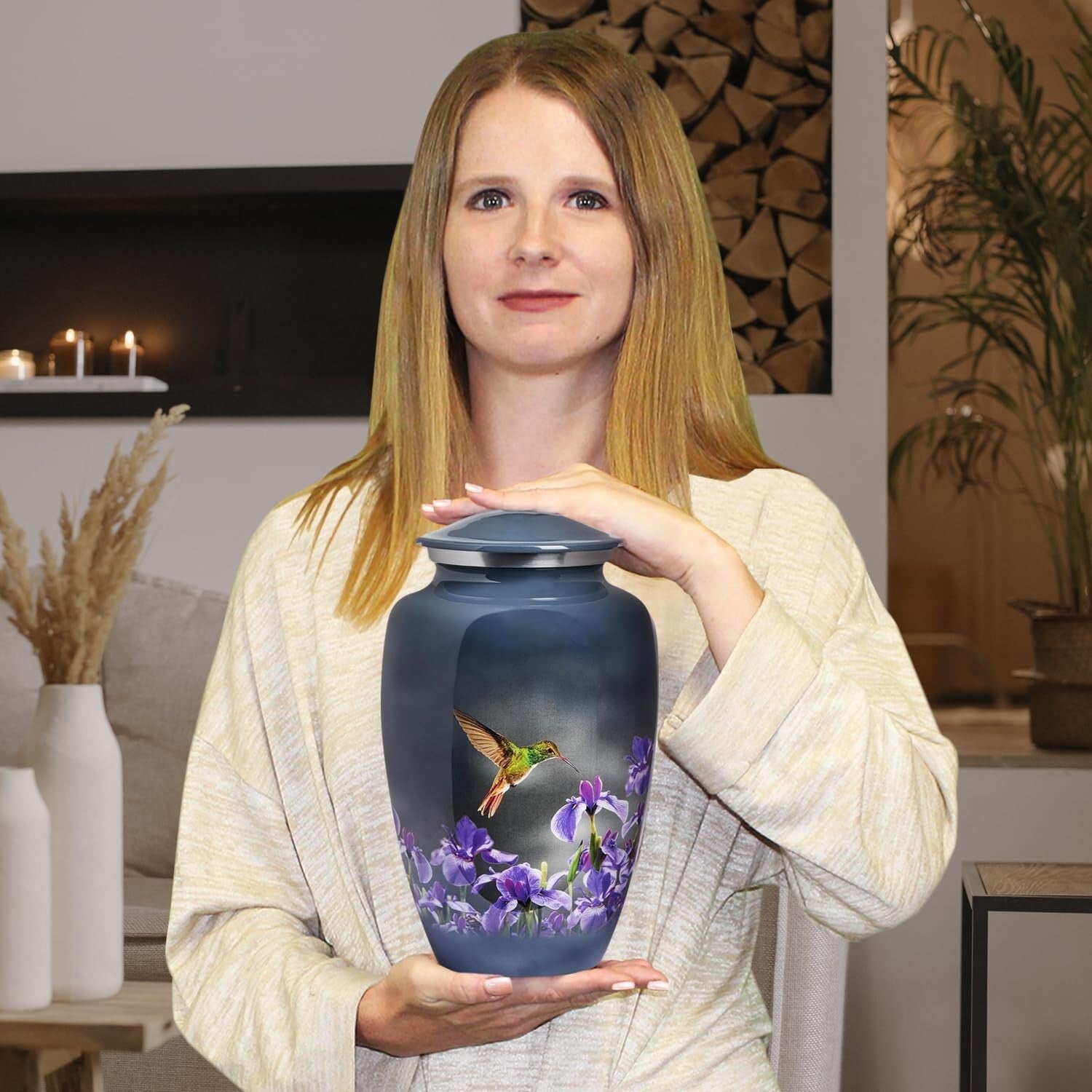 Large Decorative Burial Urn for Human Ashes - 200LB Capacity, Gray Hummingbird