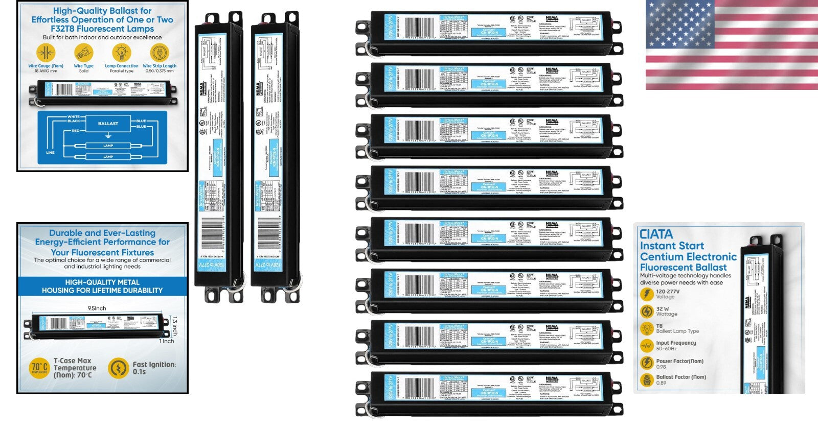 10-Pack Instant Start Electronic Fluorescent Ballast for F32T8 with Auto Restart