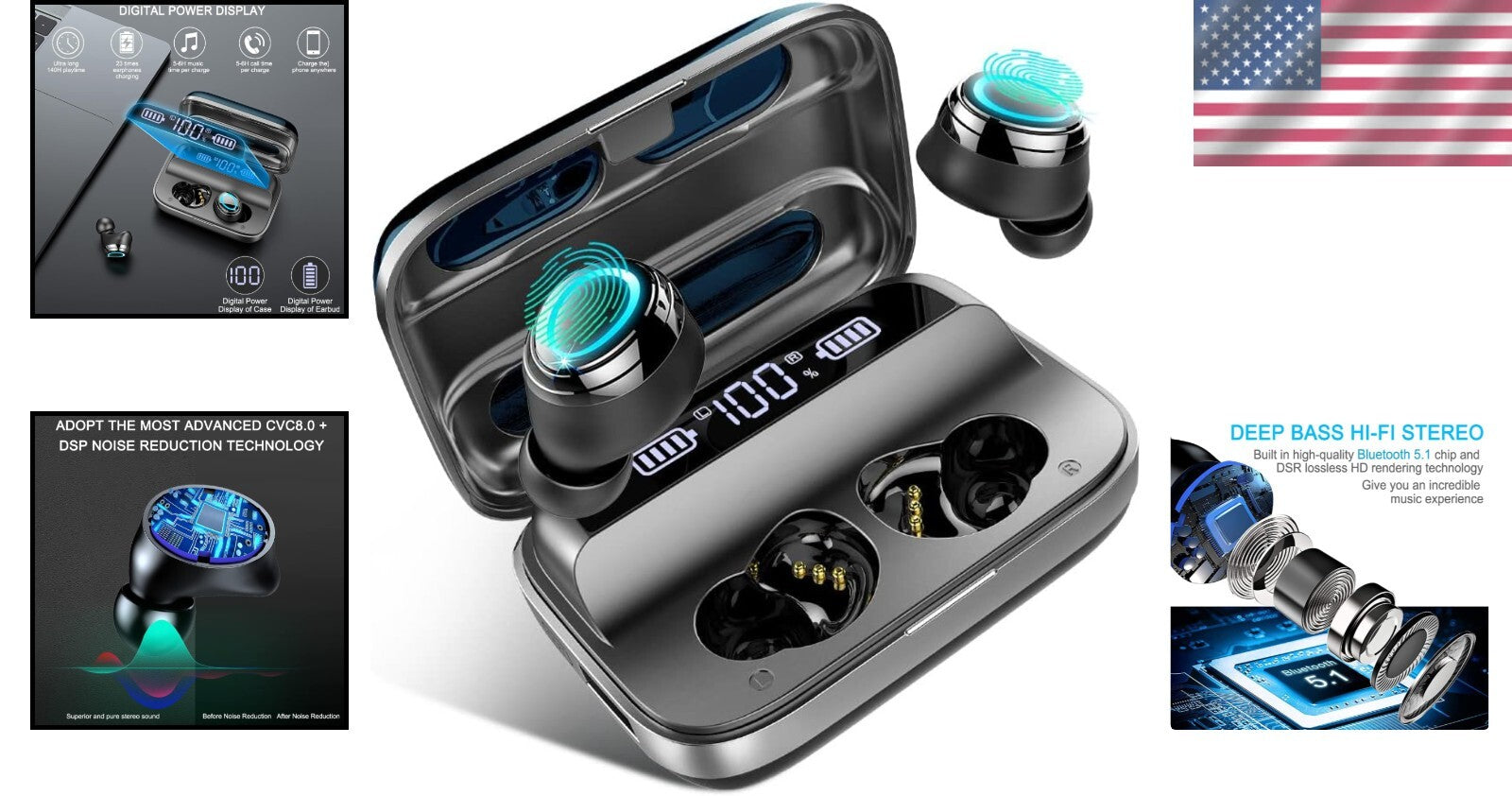 IP7 Waterproof Bluetooth 5.1 Earbuds with 140H Battery Life - Perfect for Sports