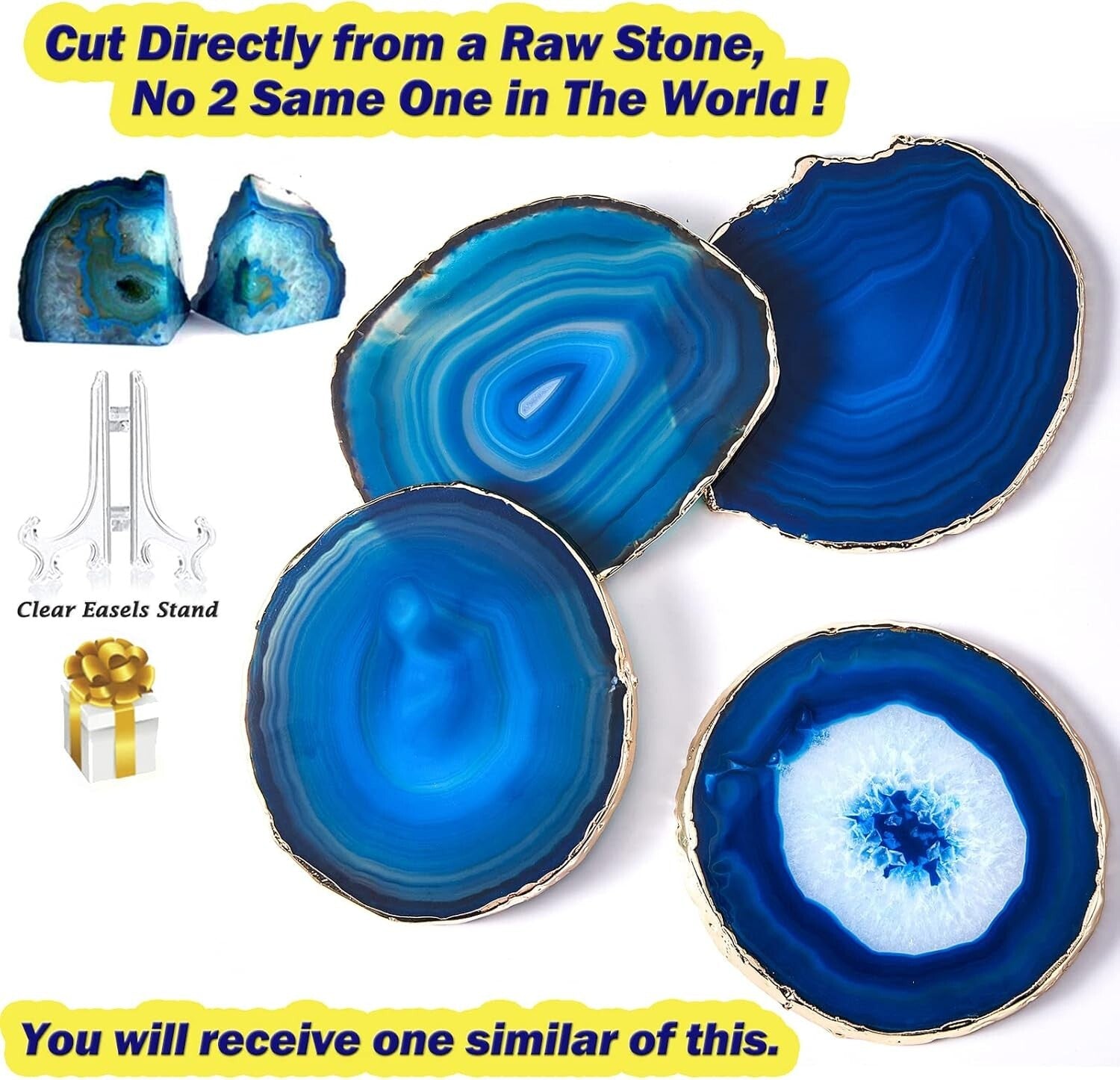Natural Blue Agate Drink Coasters Set of 4 with Gold Rim - Perfect Gift Choice