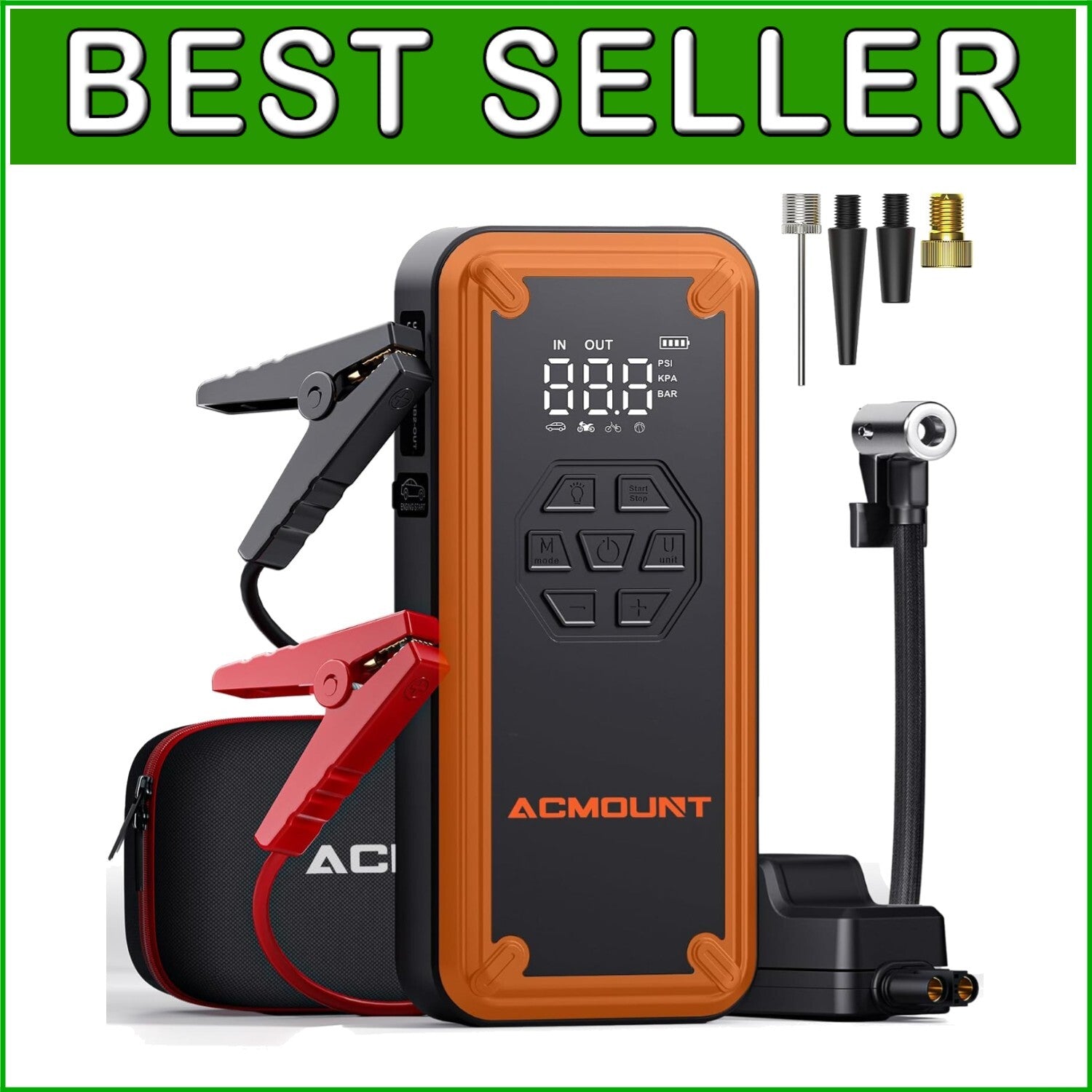 5000A Portable Jump Starter and Tire Inflator with LCD Display & Accessories