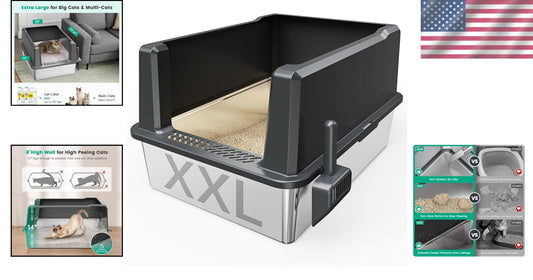Covered XXL Cat Litter Box - Stainless Steel with High Sides for Leak Protection