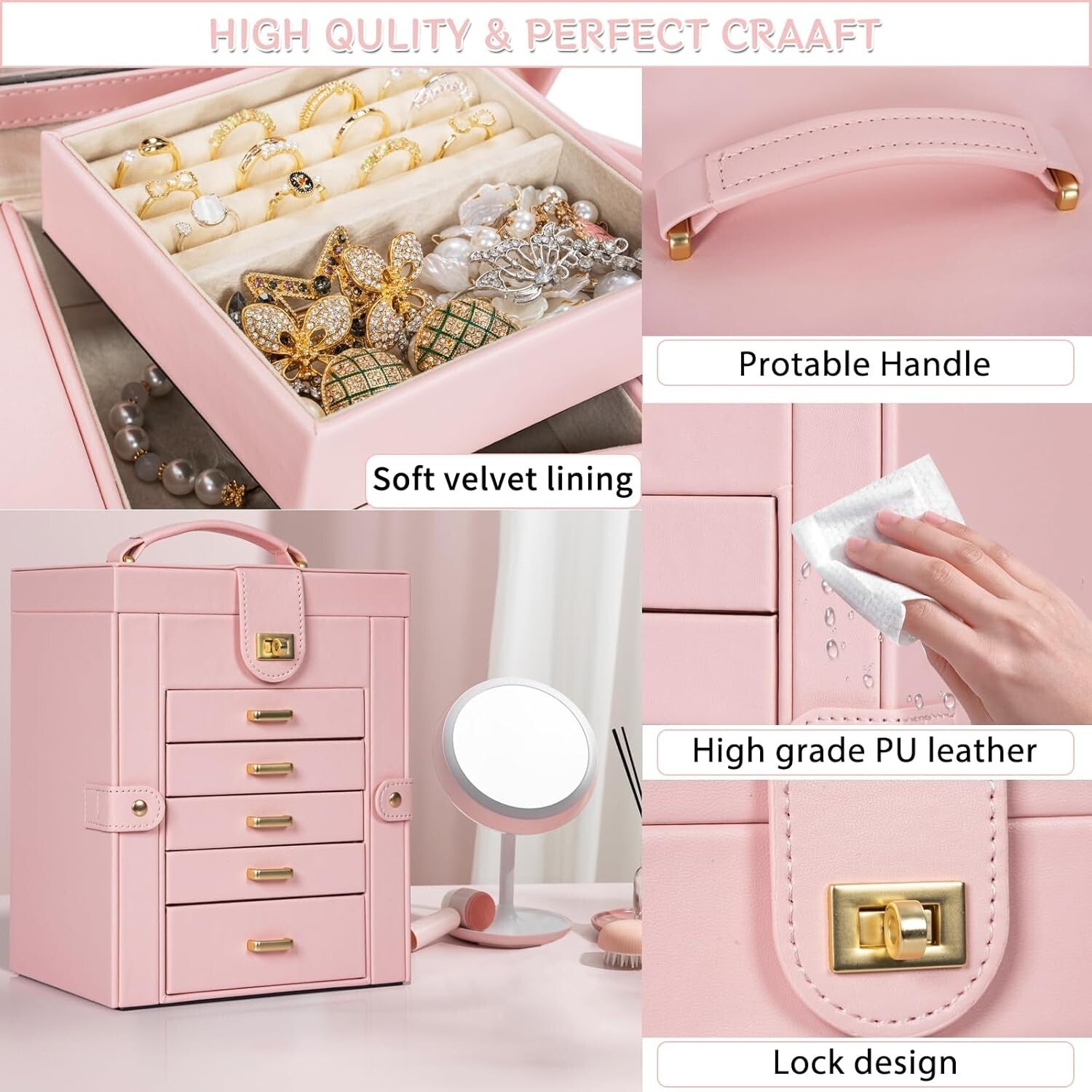 5-Drawer Jewelry Box with Large Mirror – Chic and Functional Organizer for Women