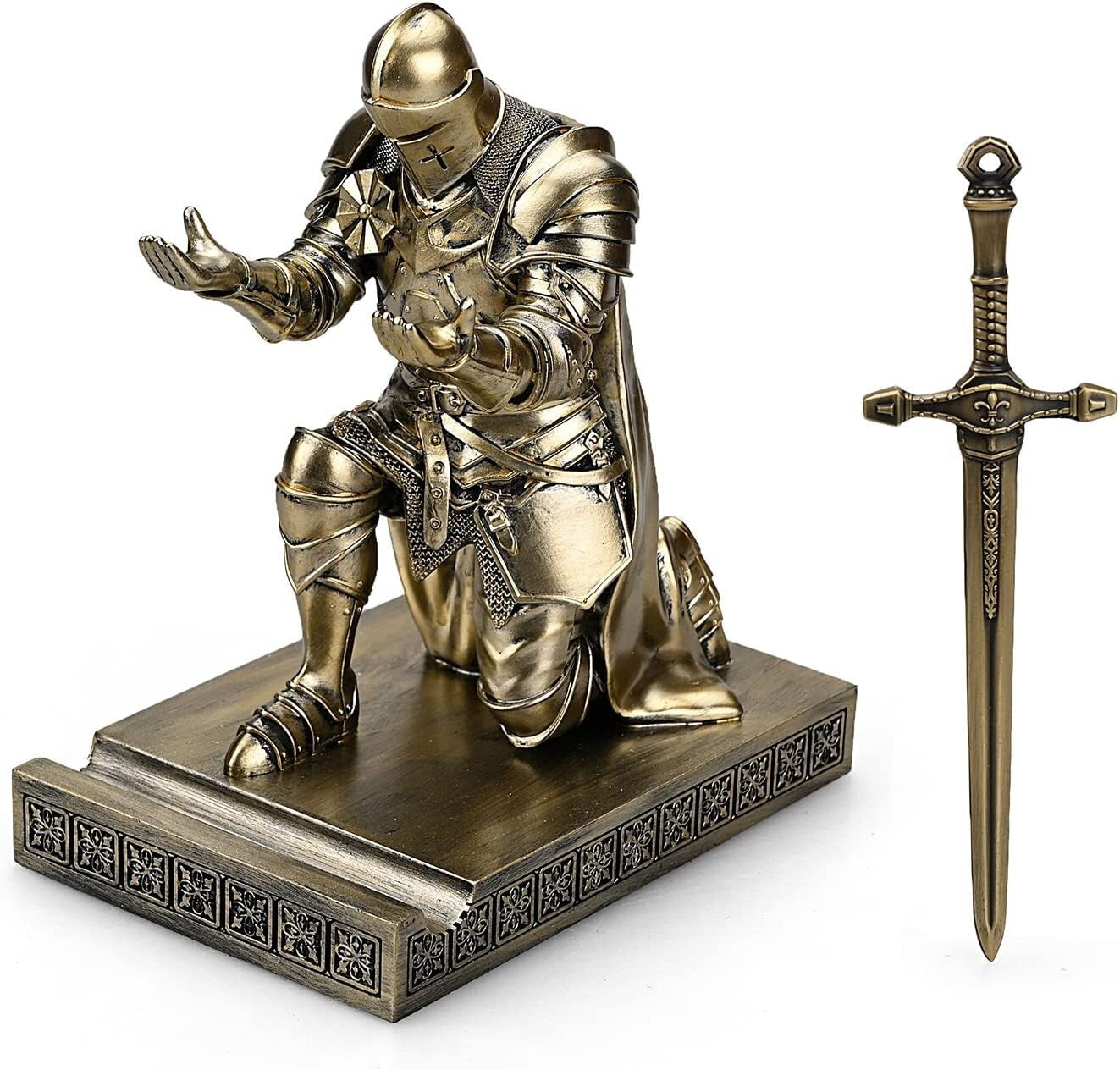Elegant King's Guard Knight Pen Holder & Mobile Stand - Bronze Desk Ornament
