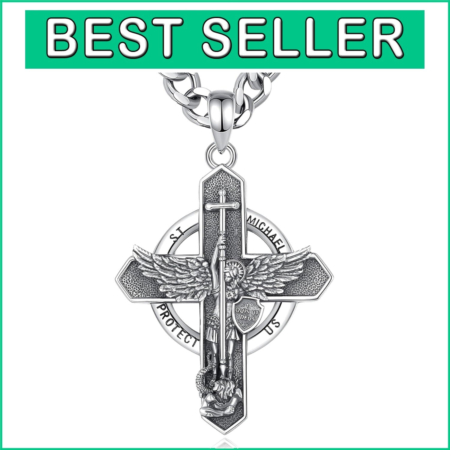 925 Sterling Silver St. Michael Cross Pendant with Cuban Chain - Spiritual Gift