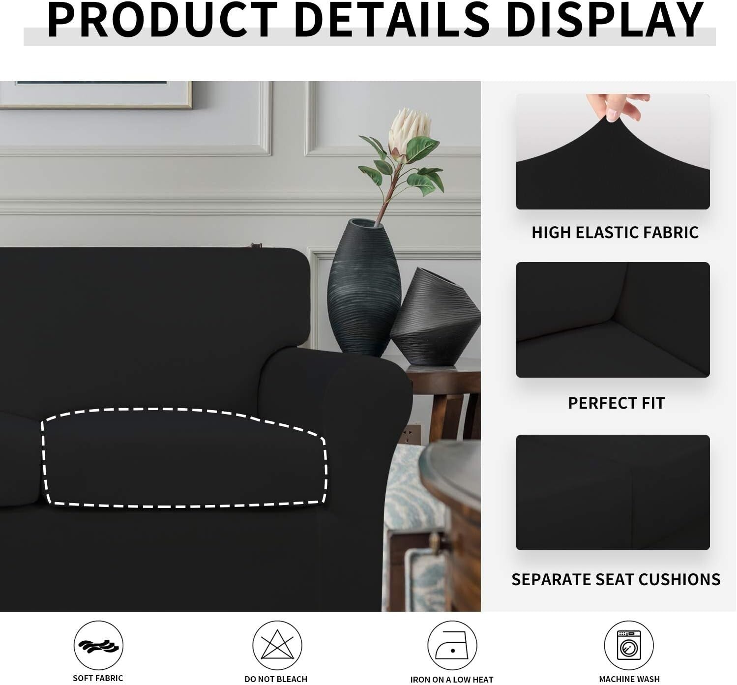 4-Piece Stretch Couch Cover for Dogs - Machine Washable Black Sofa Protector