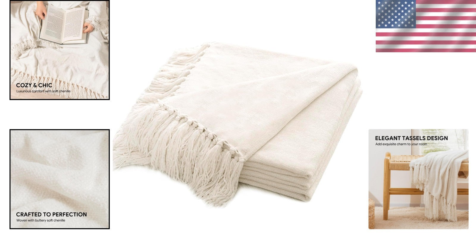 Versatile 60"x80" Chenille Throw Blanket with Eye-Catching Tassels for All Ages