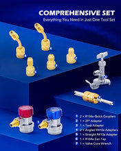 Load image into Gallery viewer, Comprehensive AC Tool Kit: 4-Valve Manifold &amp; Adapters for R22, R134a, R410a